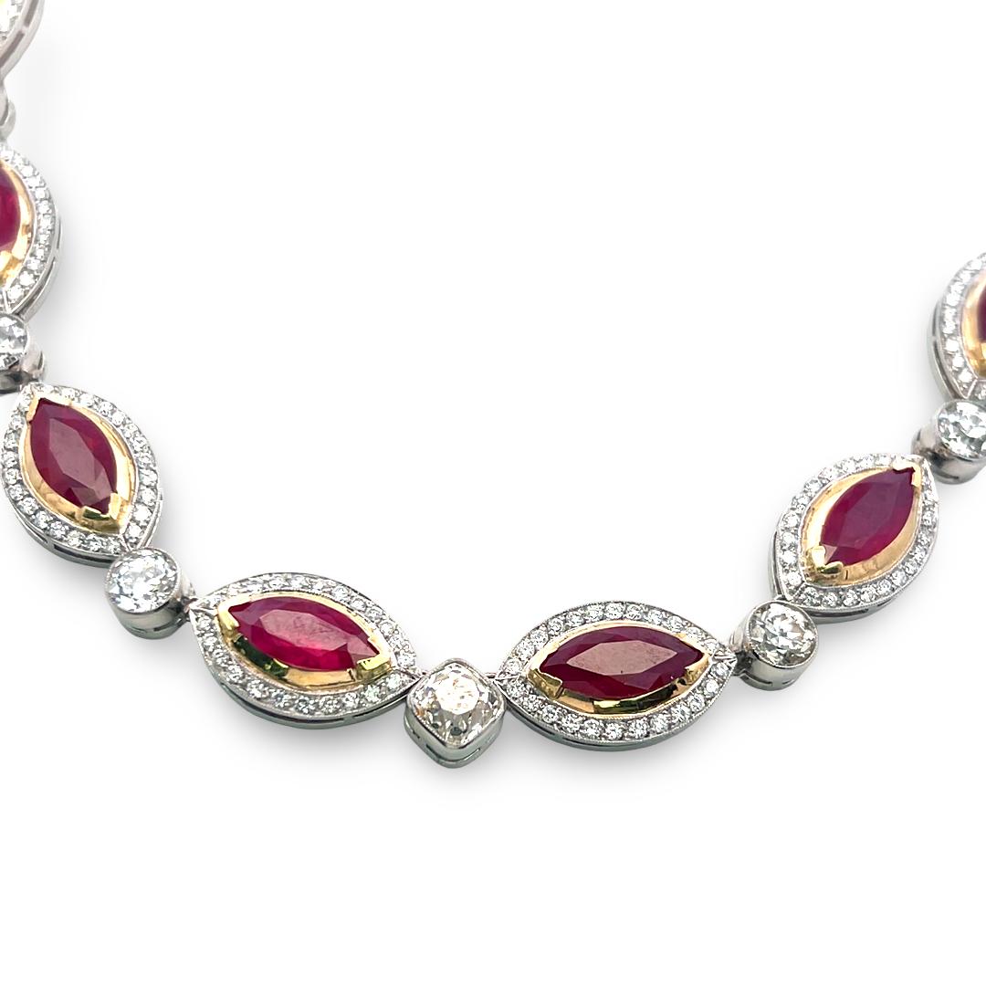 18K Two-Tone Gold Link Necklace with 15ct Old European I VS Diamonds & 18ct Ruby