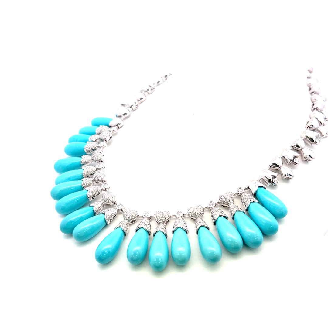 Estate 18K White Gold Fringe Necklace with 5.81 Carat Round Diamonds & Turquoise
