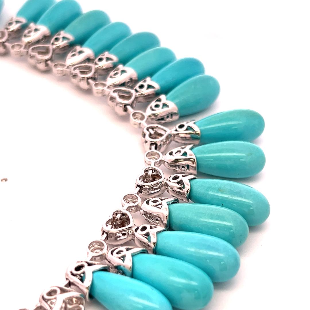 Estate 18K White Gold Fringe Necklace with 5.81 Carat Round Diamonds & Turquoise