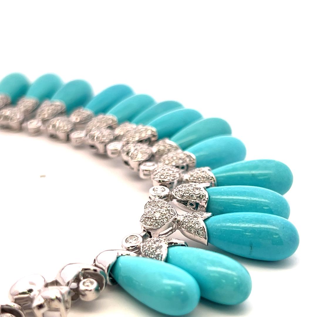 Estate 18K White Gold Fringe Necklace with 5.81 Carat Round Diamonds & Turquoise