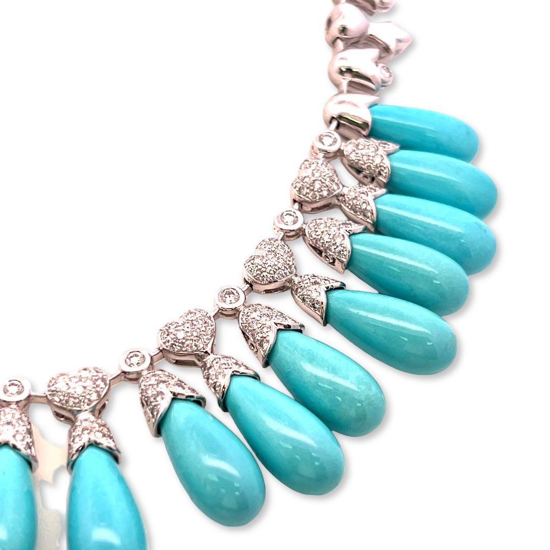 Estate 18K White Gold Fringe Necklace with 5.81 Carat Round Diamonds & Turquoise