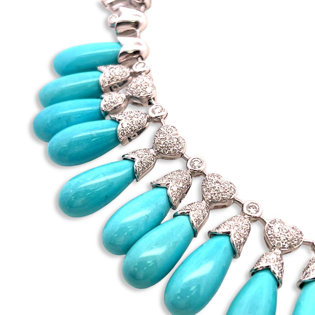 Estate 18K White Gold Fringe Necklace with 5.81 Carat Round Diamonds & Turquoise