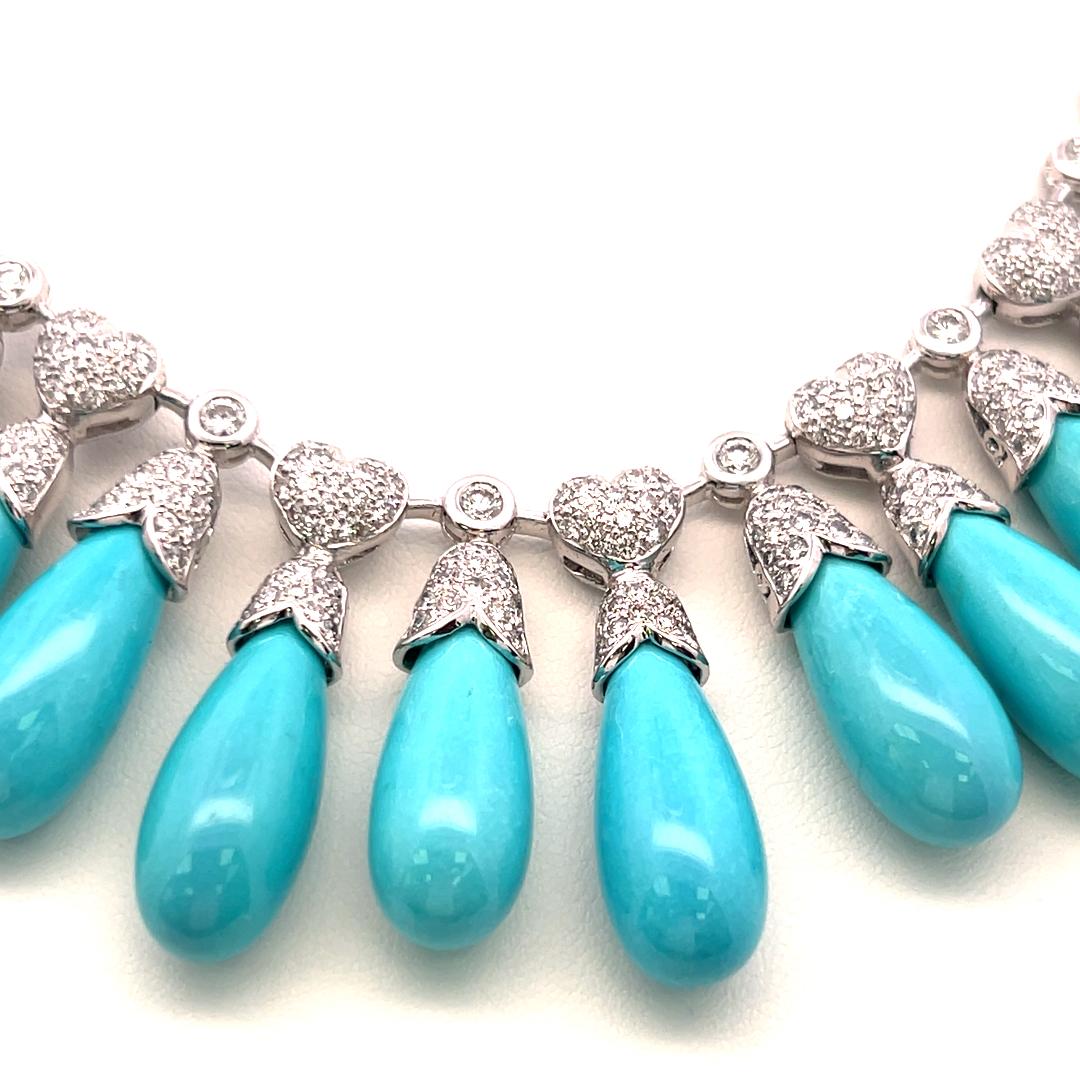 Estate 18K White Gold Fringe Necklace with 5.81 Carat Round Diamonds & Turquoise