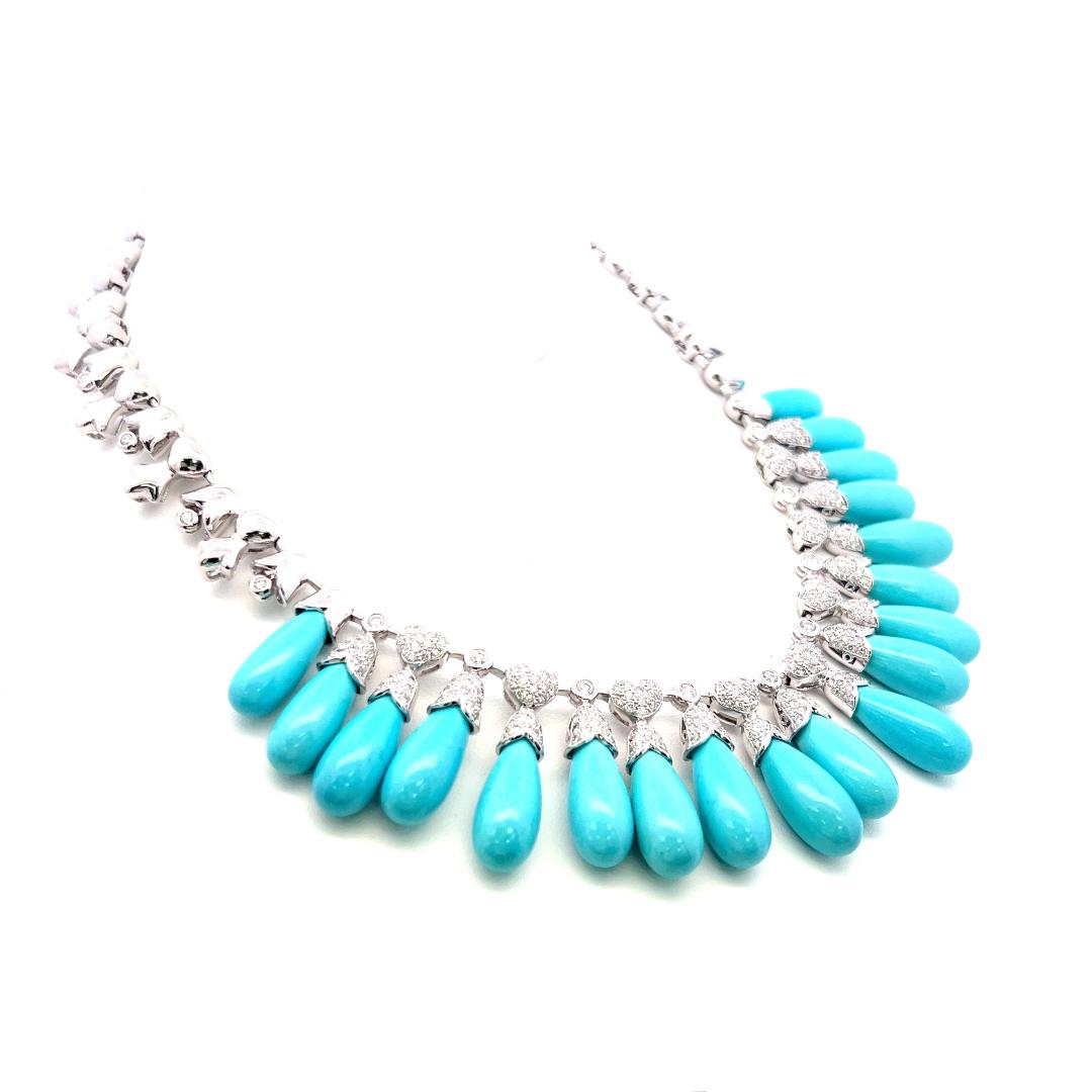 Estate 18K White Gold Fringe Necklace with 5.81 Carat Round Diamonds & Turquoise