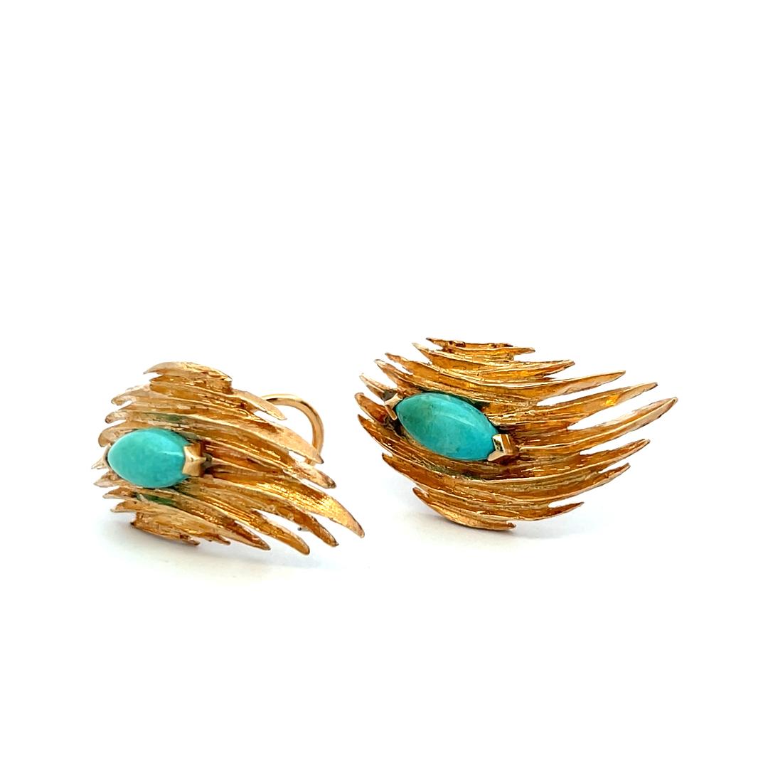 Estate 14K Yellow Gold Clip On Earrings with 4.26 Carat Turquoise Gemstones