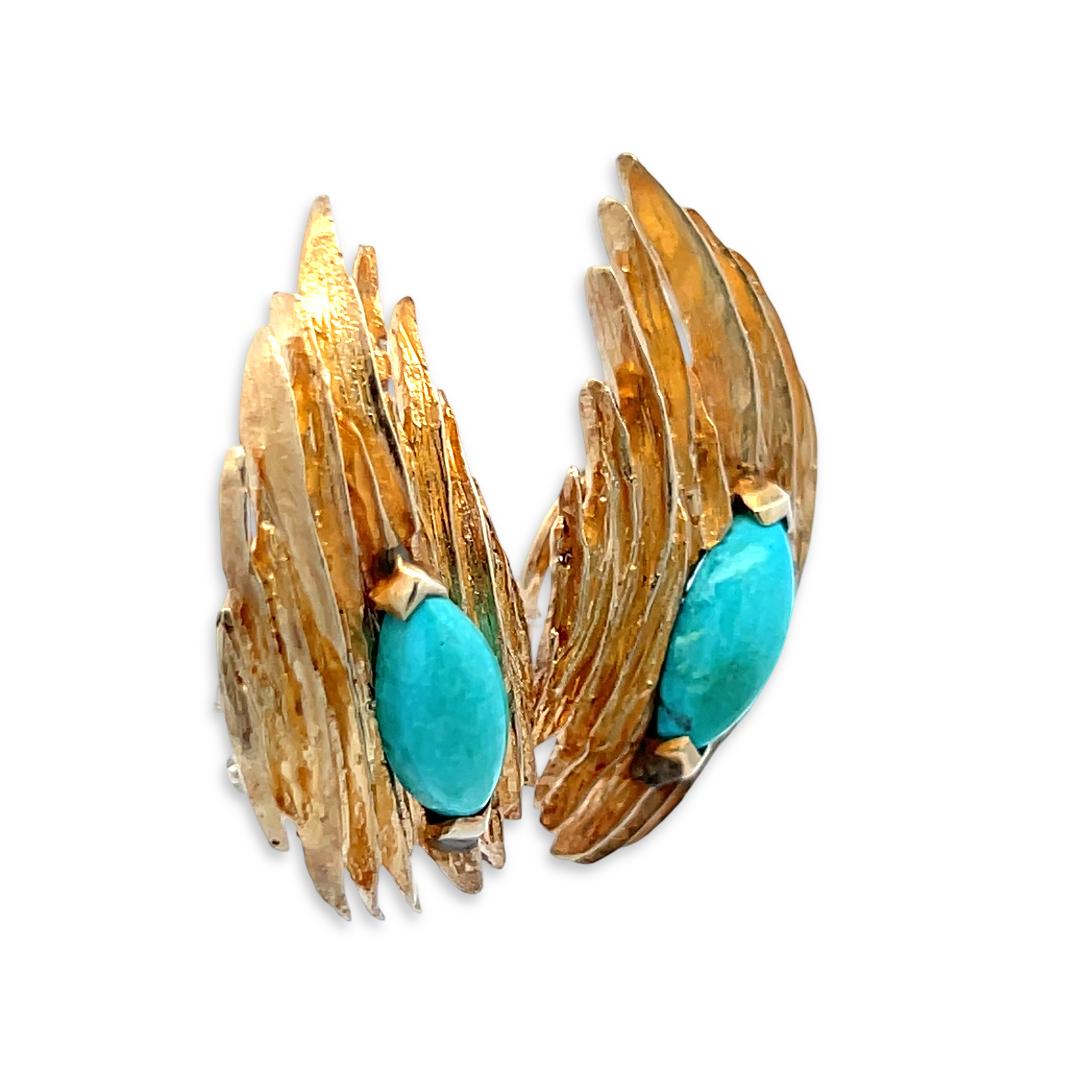Estate 14K Yellow Gold Clip On Earrings with 4.26 Carat Turquoise Gemstones