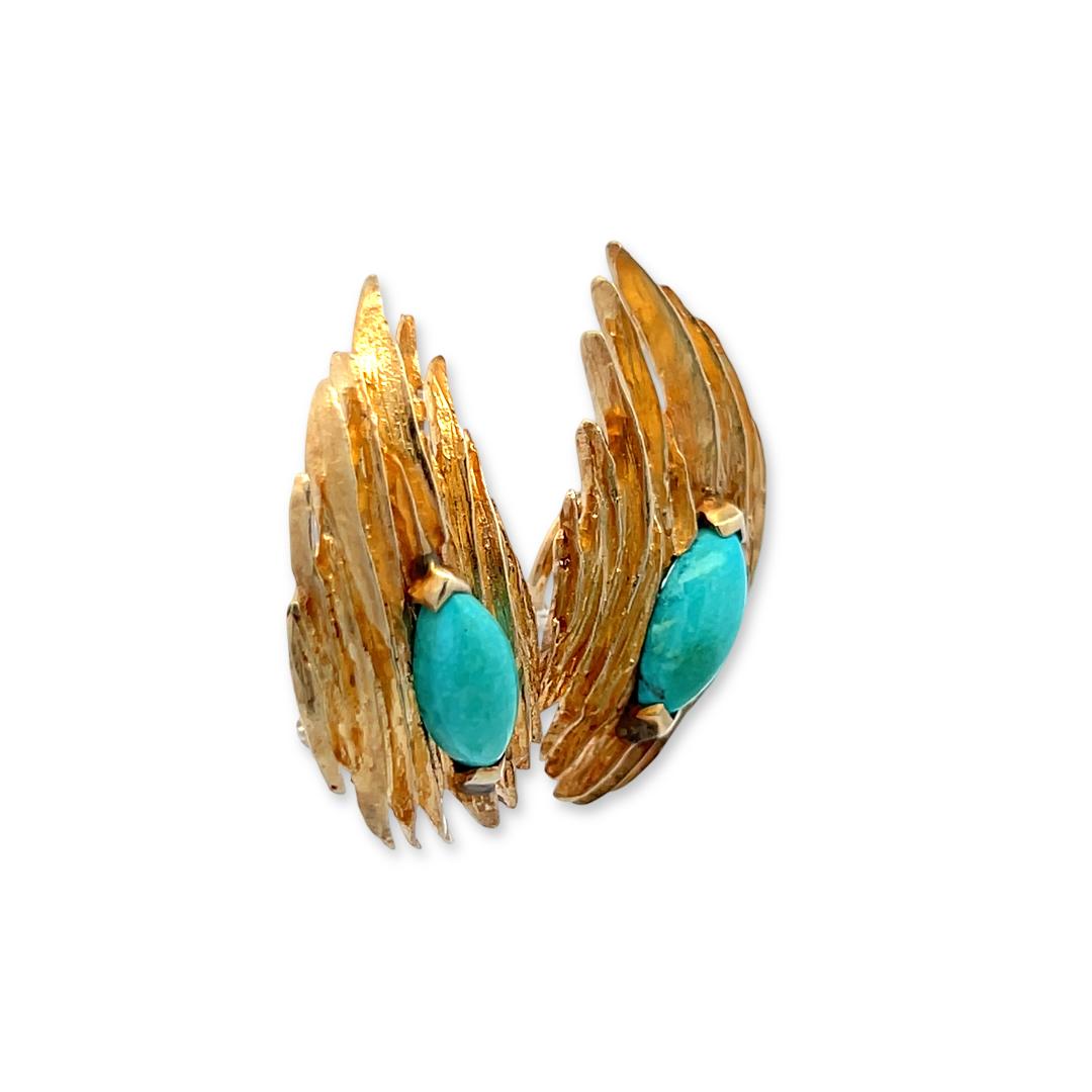Estate 14K Yellow Gold Clip On Earrings with 4.26 Carat Turquoise Gemstones