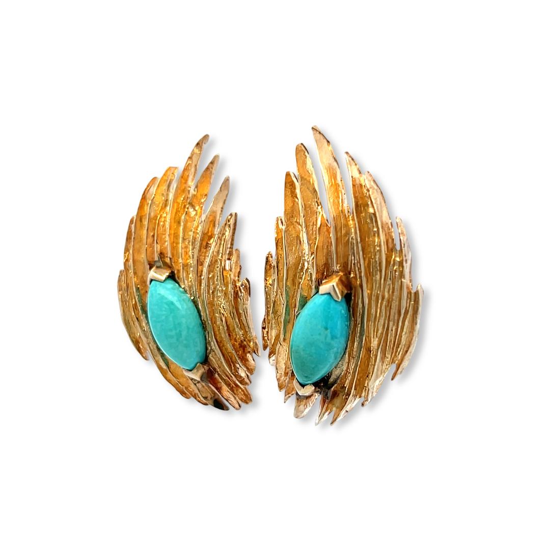 Estate 14K Yellow Gold Clip On Earrings with 4.26 Carat Turquoise Gemstones