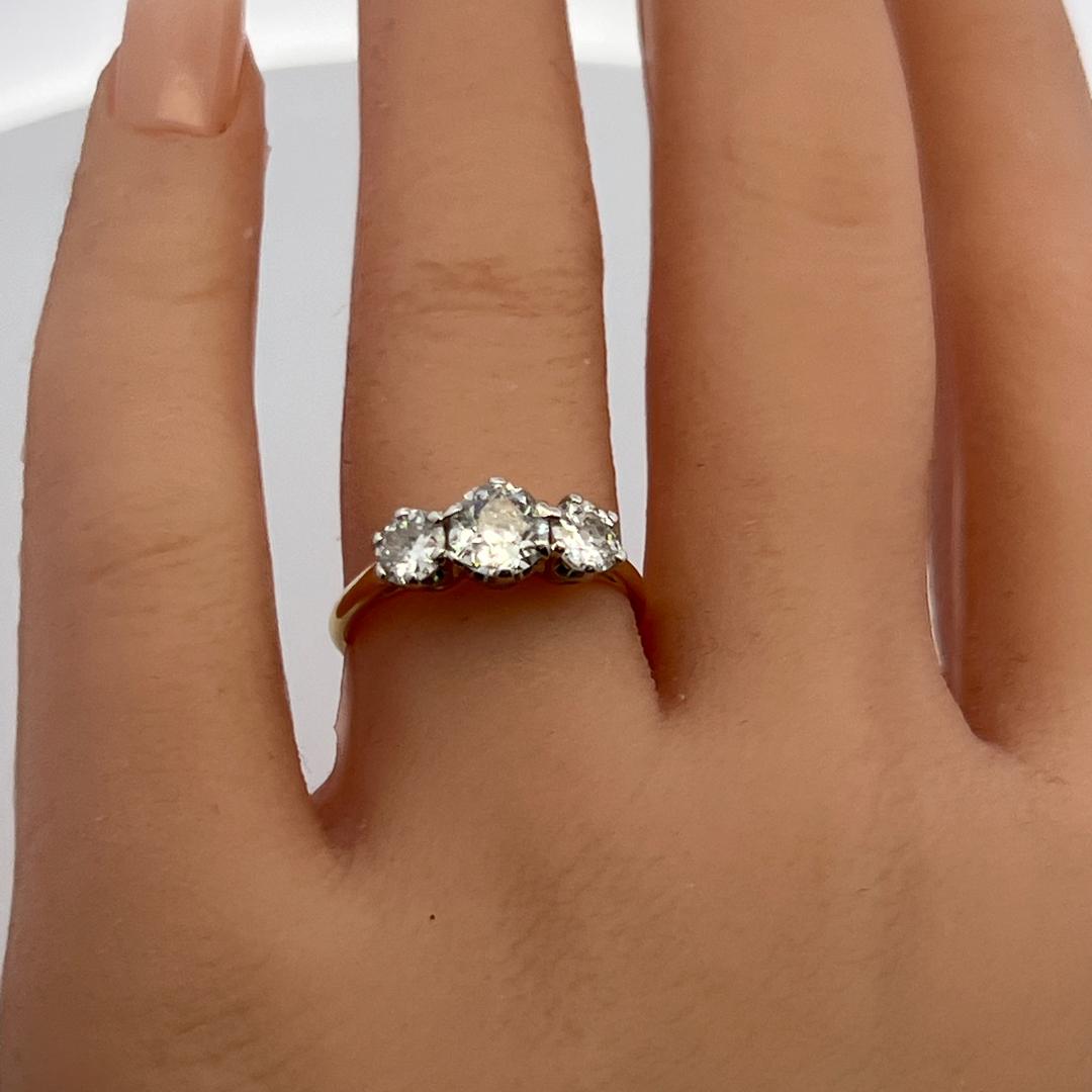 18K Two Tone Gold/Plat Three-Stone Ring 1.37ct Old European Diamonds Size 6.75