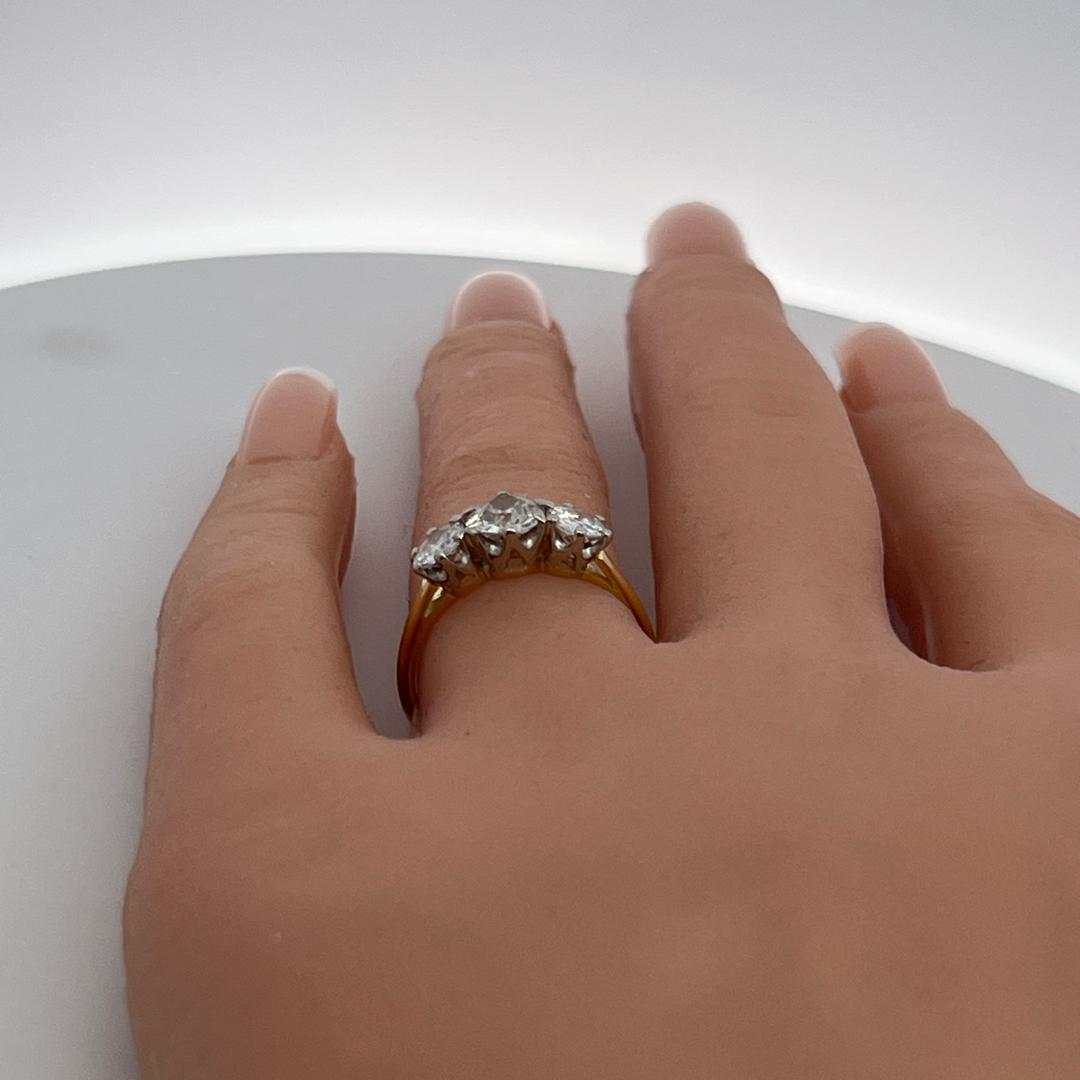 18K Two Tone Gold/Plat Three-Stone Ring 1.37ct Old European Diamonds Size 6.75