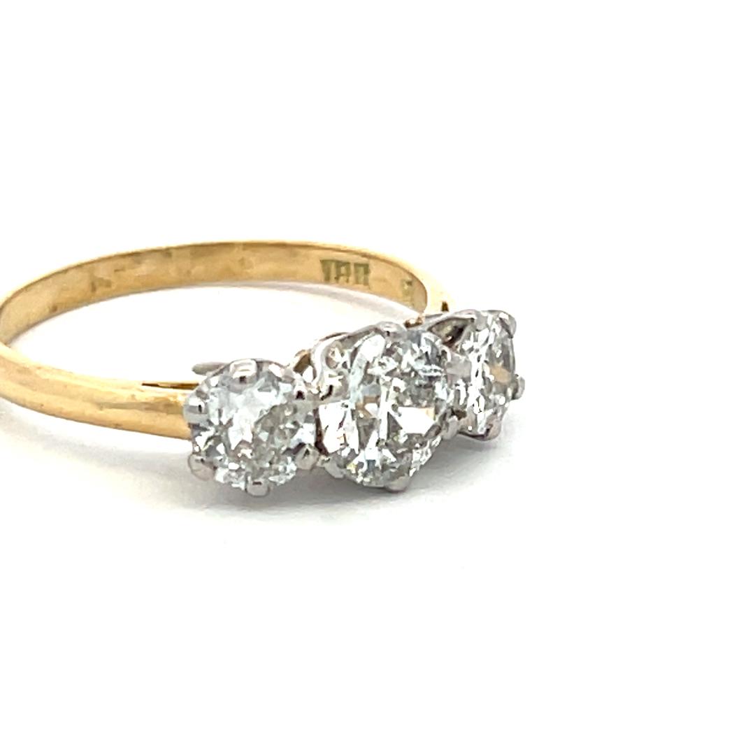 18K Two Tone Gold/Plat Three-Stone Ring 1.37ct Old European Diamonds Size 6.75