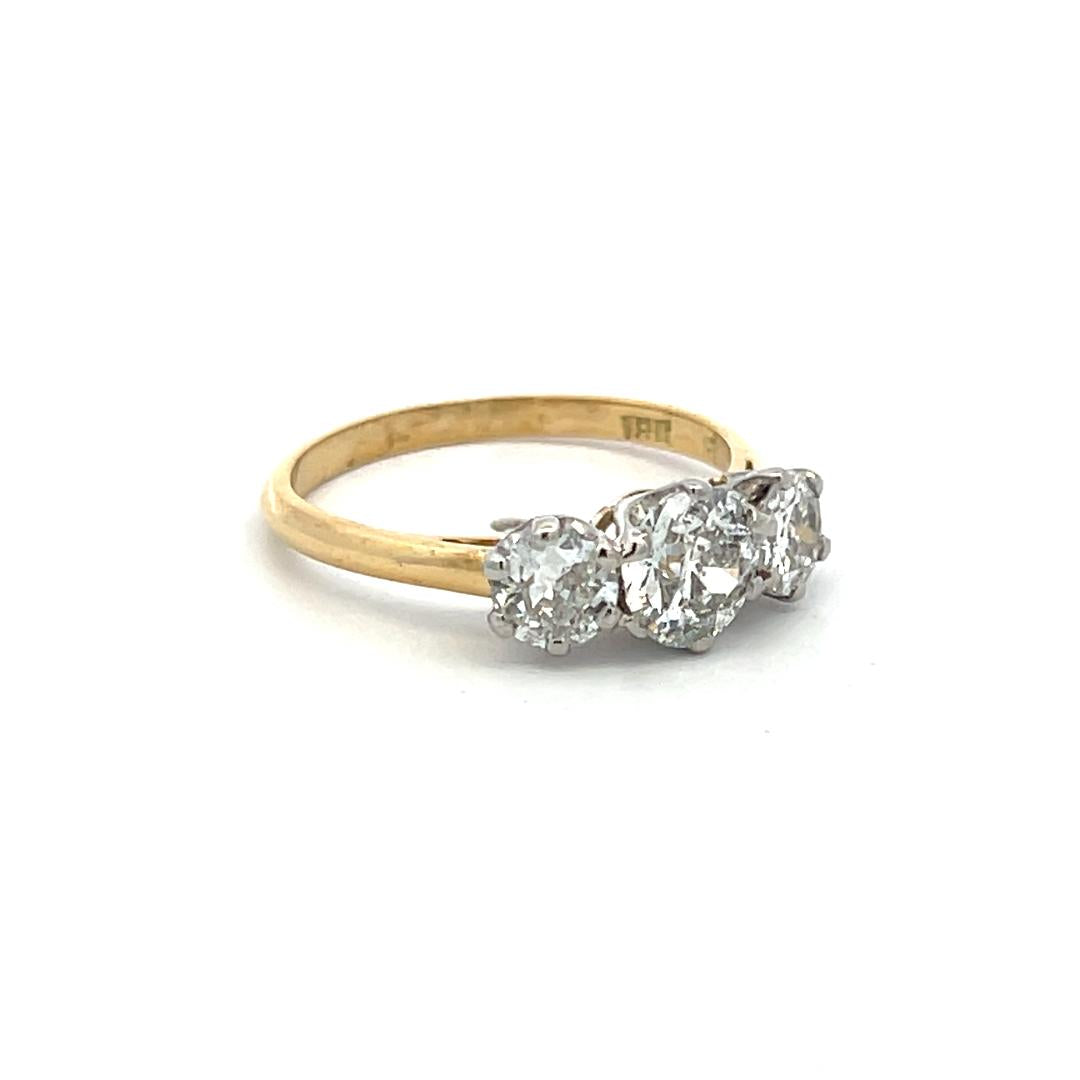 18K Two Tone Gold/Plat Three-Stone Ring 1.37ct Old European Diamonds Size 6.75