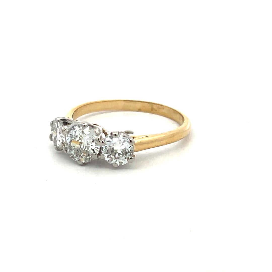 18K Two Tone Gold/Plat Three-Stone Ring 1.37ct Old European Diamonds Size 6.75