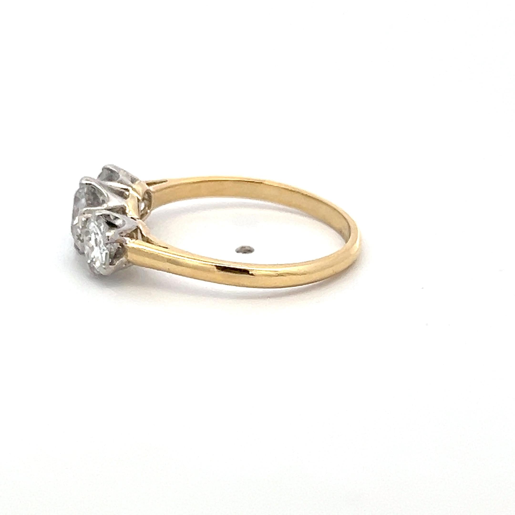 18K Two Tone Gold/Plat Three-Stone Ring 1.37ct Old European Diamonds Size 6.75