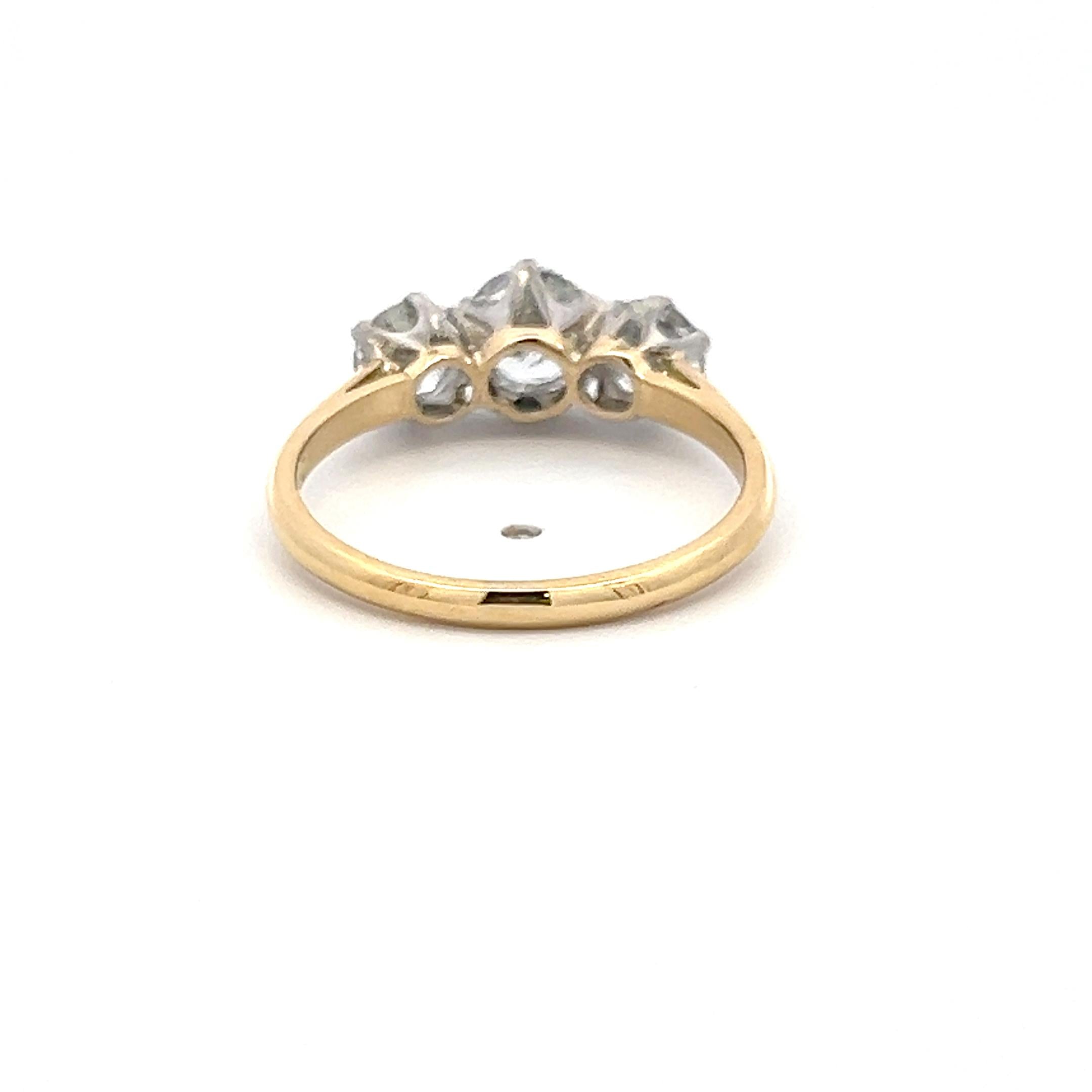18K Two Tone Gold/Plat Three-Stone Ring 1.37ct Old European Diamonds Size 6.75