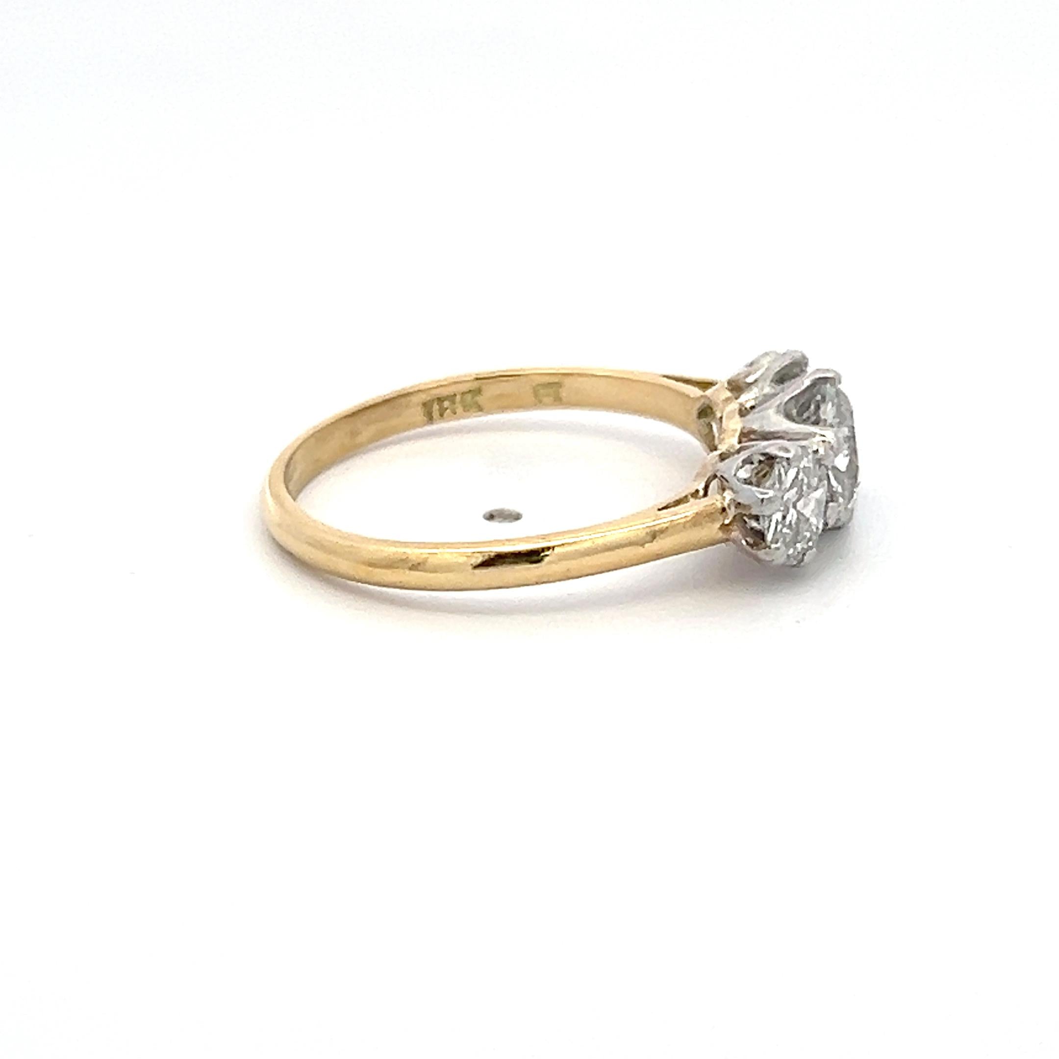 18K Two Tone Gold/Plat Three-Stone Ring 1.37ct Old European Diamonds Size 6.75