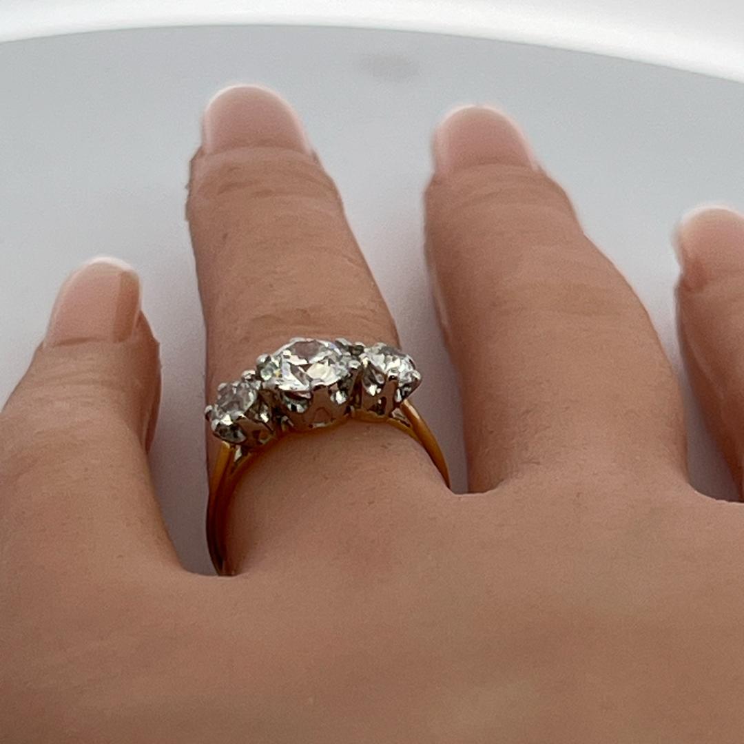18K Two Tone Gold Three-Stone Ring 2.13ct Circular & European Diamonds J SI1 GIA