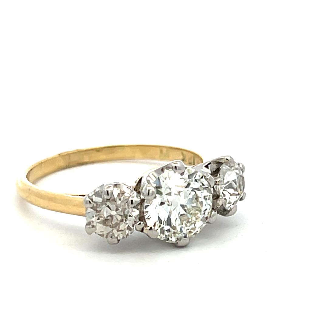 18K Two Tone Gold Three-Stone Ring 2.13ct Circular & European Diamonds J SI1 GIA