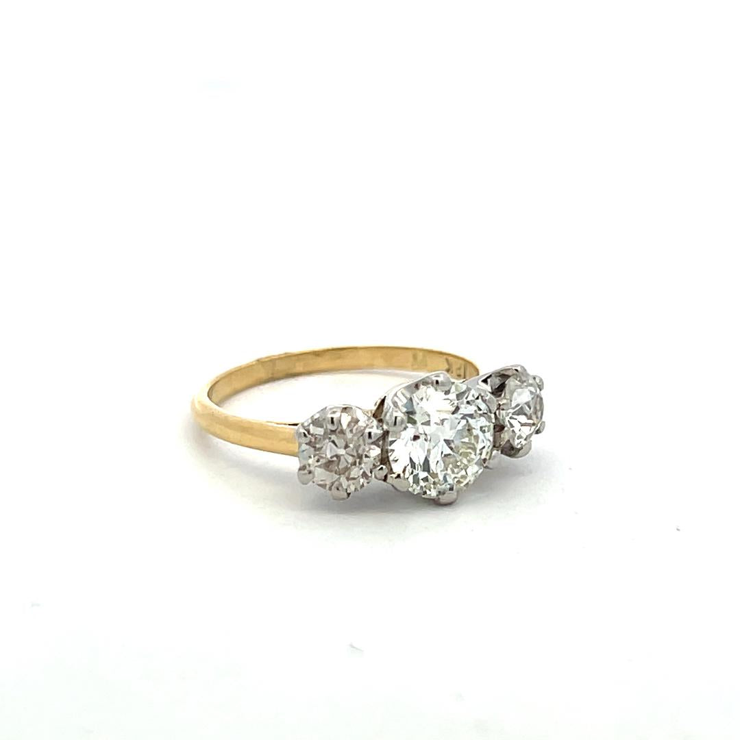 18K Two Tone Gold Three-Stone Ring 2.13ct Circular & European Diamonds J SI1 GIA