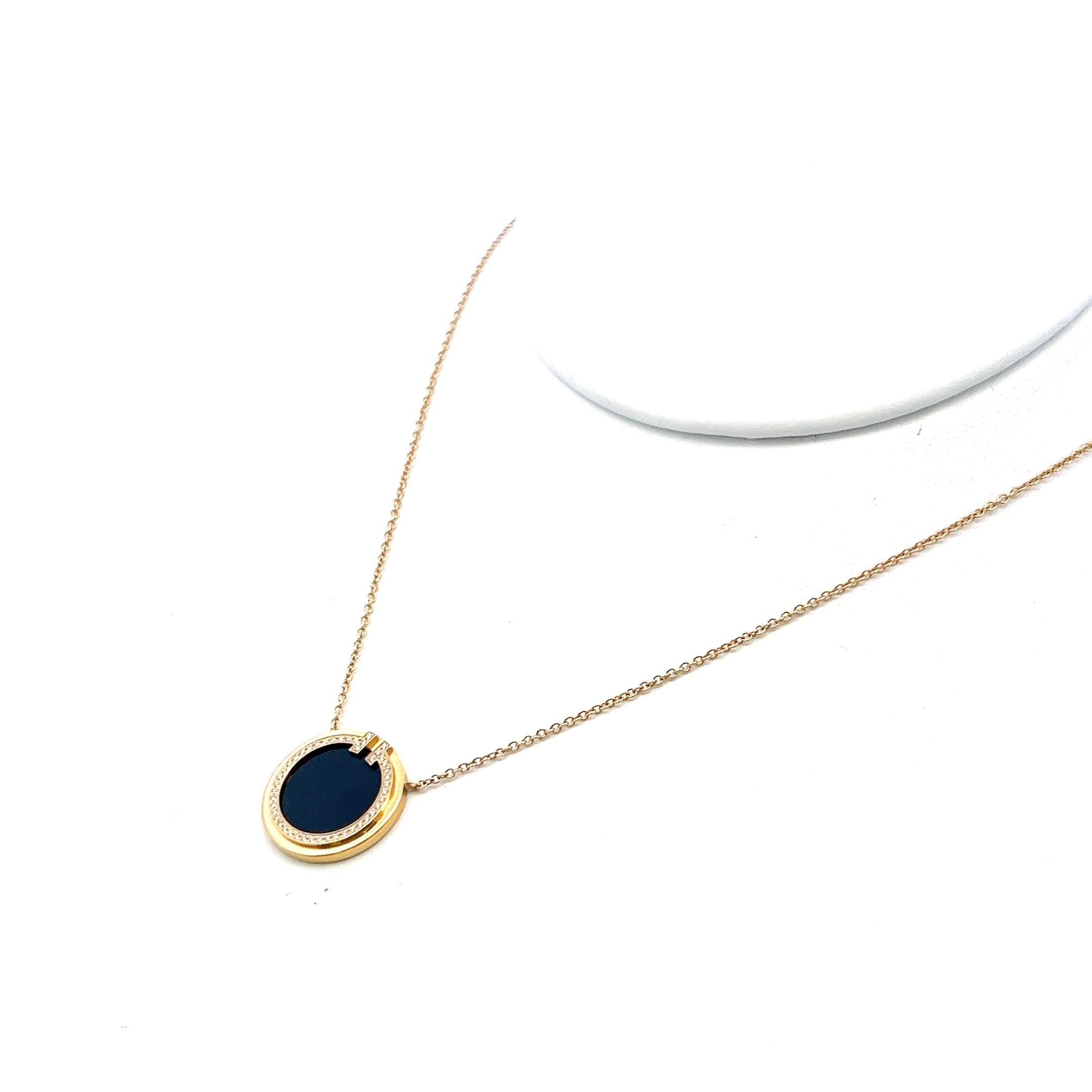 Tiffany & Co 18K YG Pendant Necklace with 0.05 Carat Round Diamonds 10.8 MM Onyx