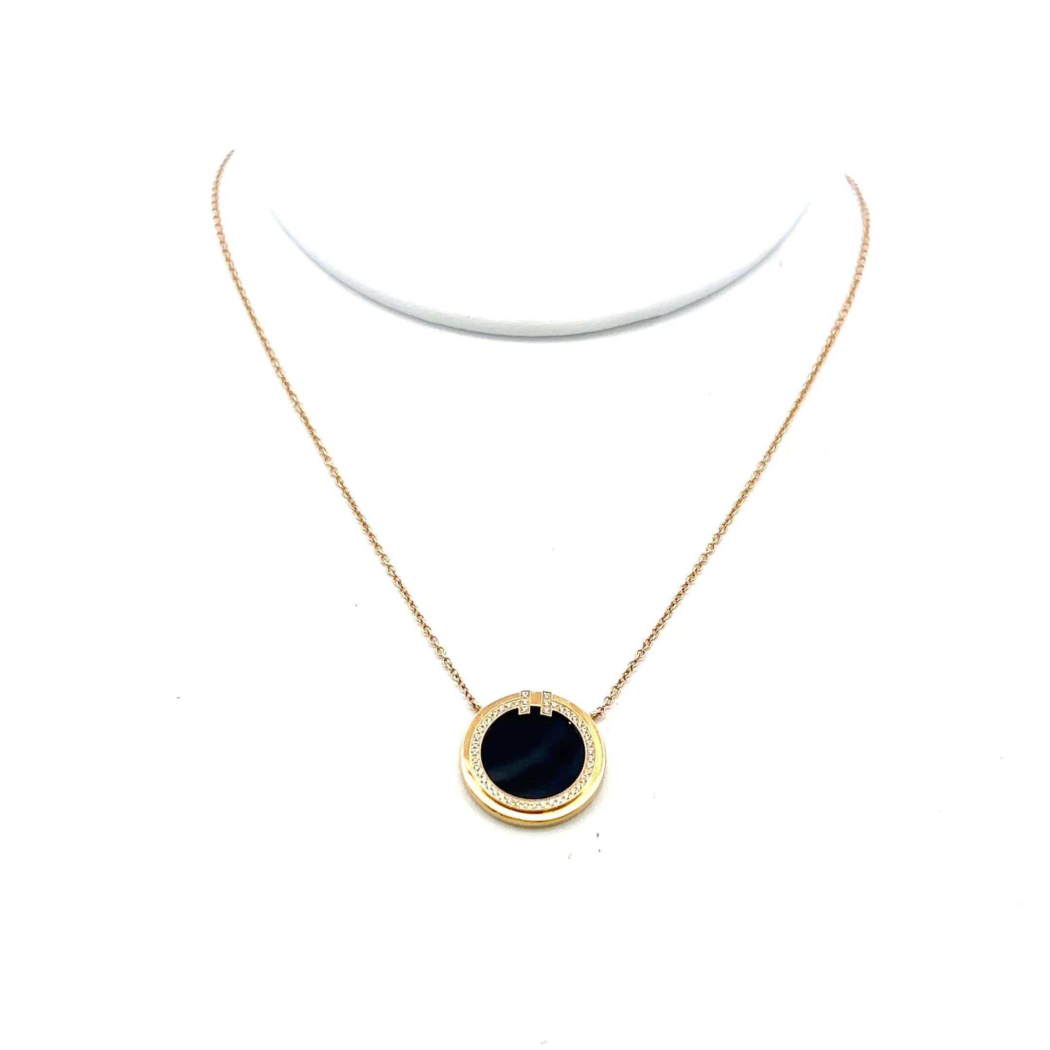 Tiffany & Co 18K YG Pendant Necklace with 0.05 Carat Round Diamonds 10.8 MM Onyx