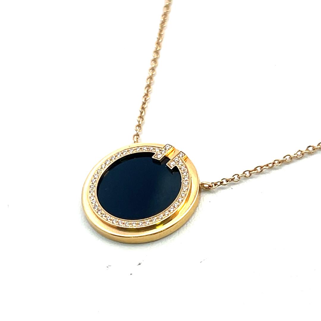 Tiffany & Co 18K YG Pendant Necklace with 0.05 Carat Round Diamonds 10.8 MM Onyx