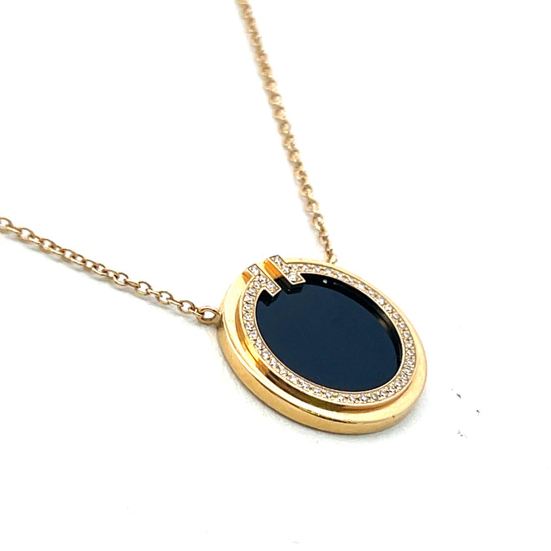 Tiffany & Co 18K YG Pendant Necklace with 0.05 Carat Round Diamonds 10.8 MM Onyx