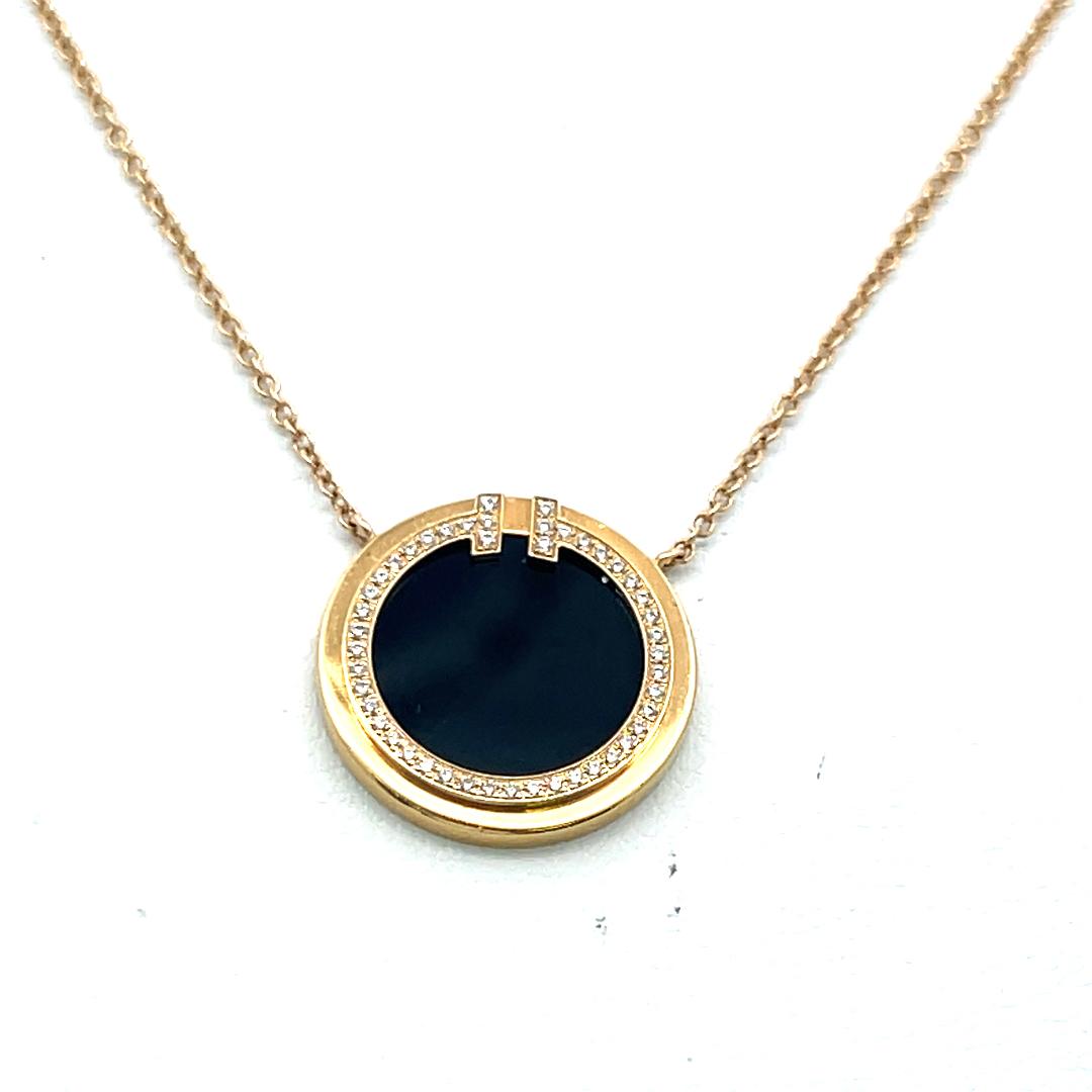 Tiffany & Co 18K YG Pendant Necklace with 0.05 Carat Round Diamonds 10.8 MM Onyx
