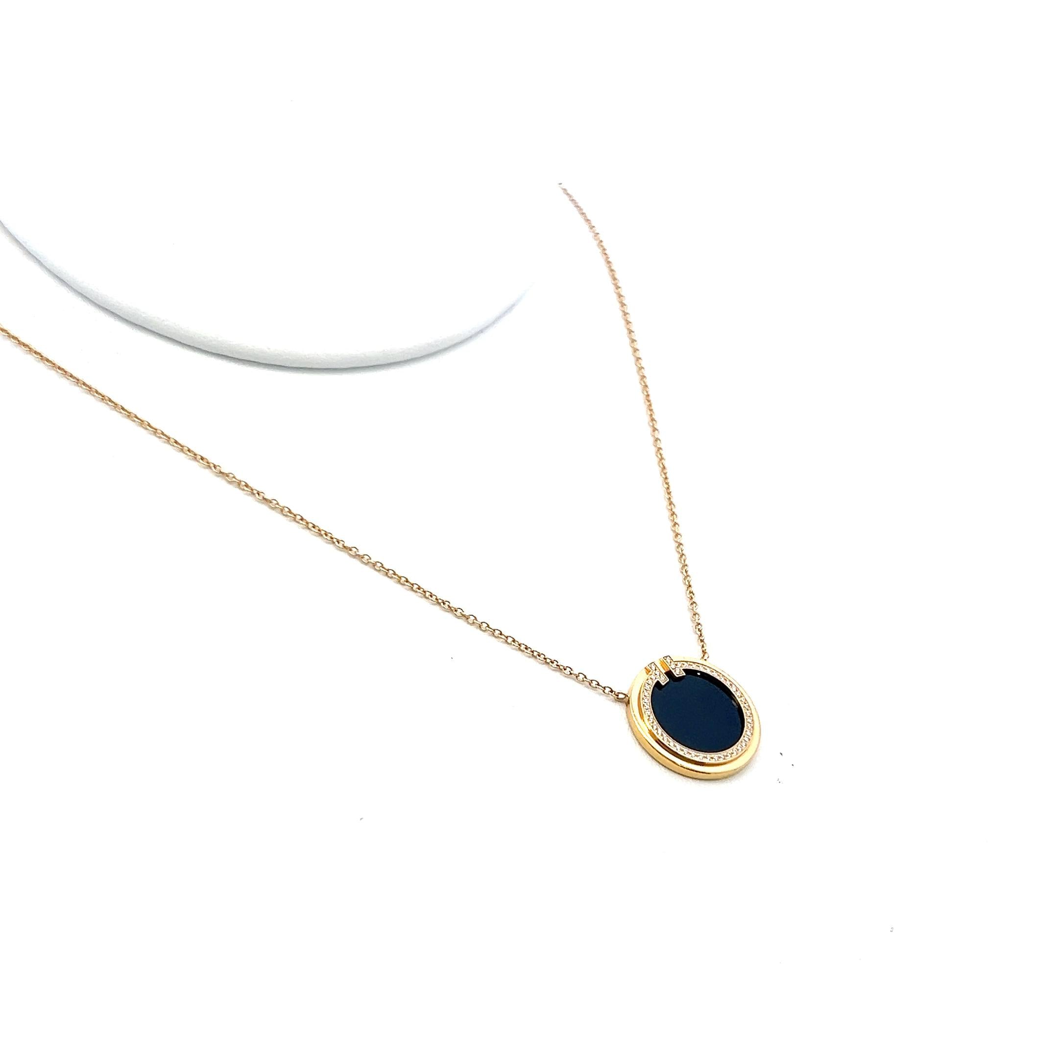 Tiffany & Co 18K YG Pendant Necklace with 0.05 Carat Round Diamonds 10.8 MM Onyx