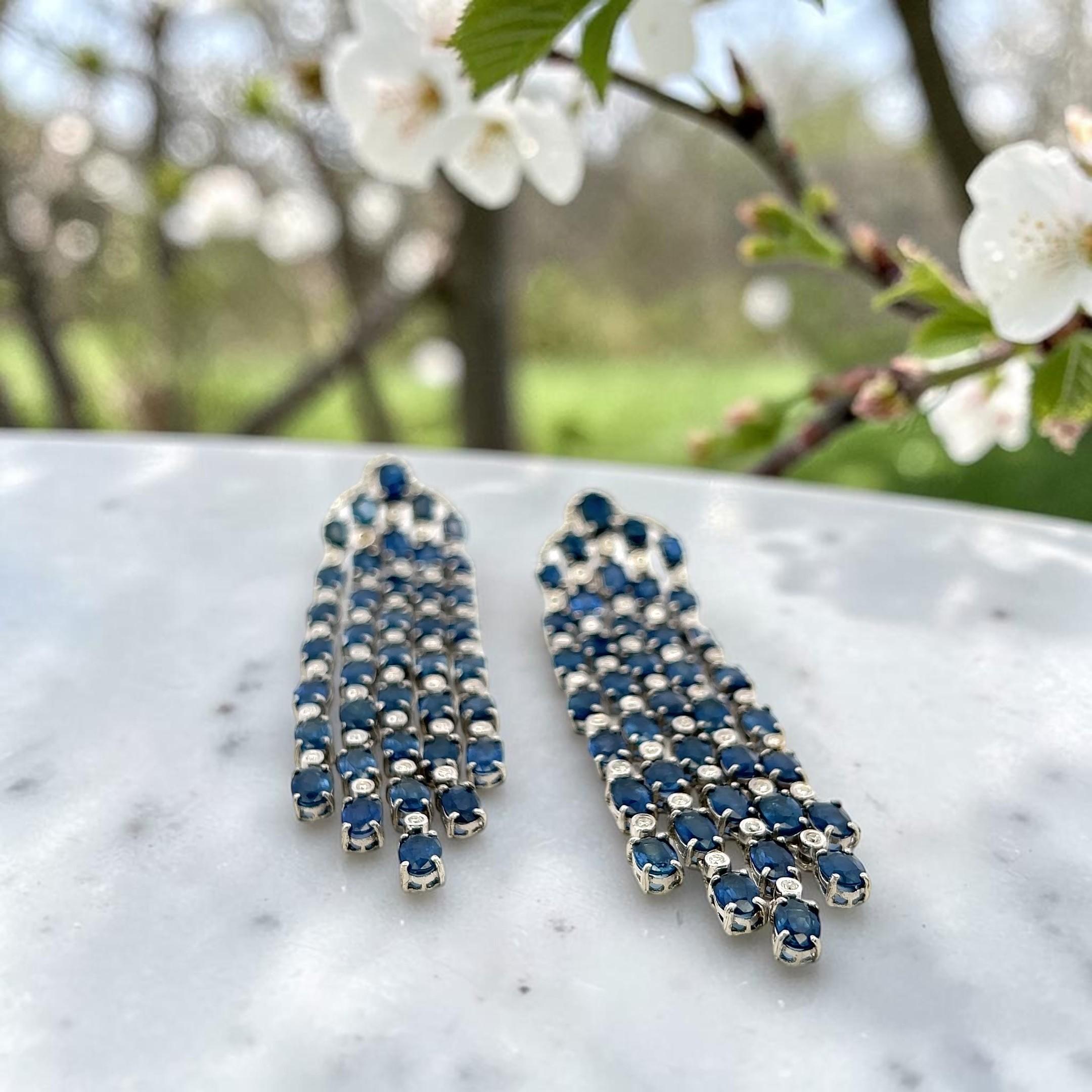 14K White Gold Drop Earrings with 1.35ct Round H VS Diamonds & 24ct Sapphire