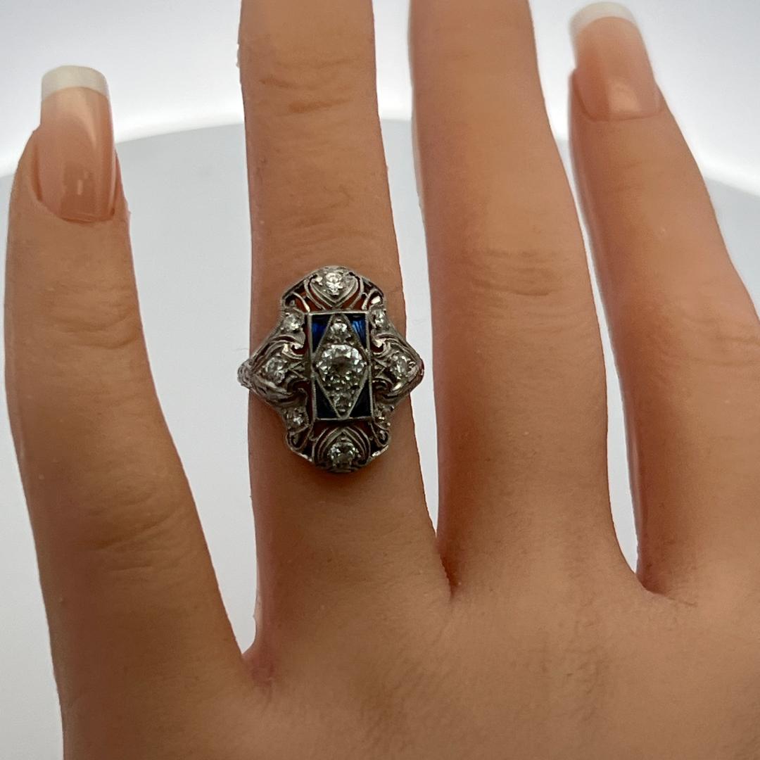 Platinum Art Deco Ring 0.85ct Old European Diamonds & 0.15ct Sapphire Size 5.25