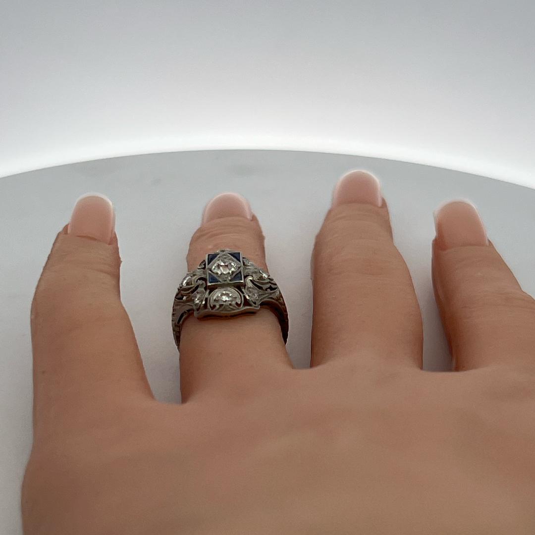 Platinum Art Deco Ring 0.85ct Old European Diamonds & 0.15ct Sapphire Size 5.25