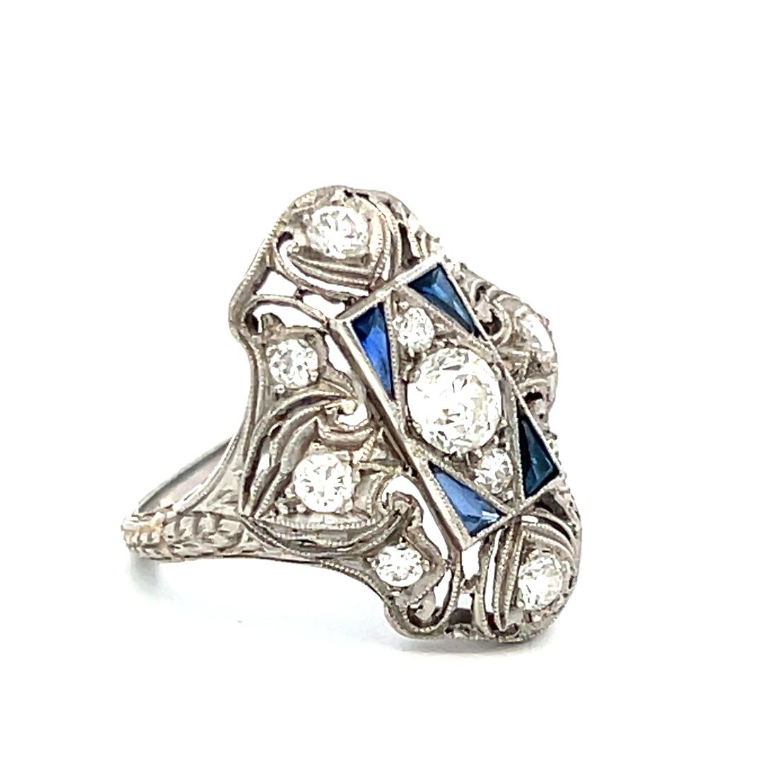 Platinum Art Deco Ring 0.85ct Old European Diamonds & 0.15ct Sapphire Size 5.25