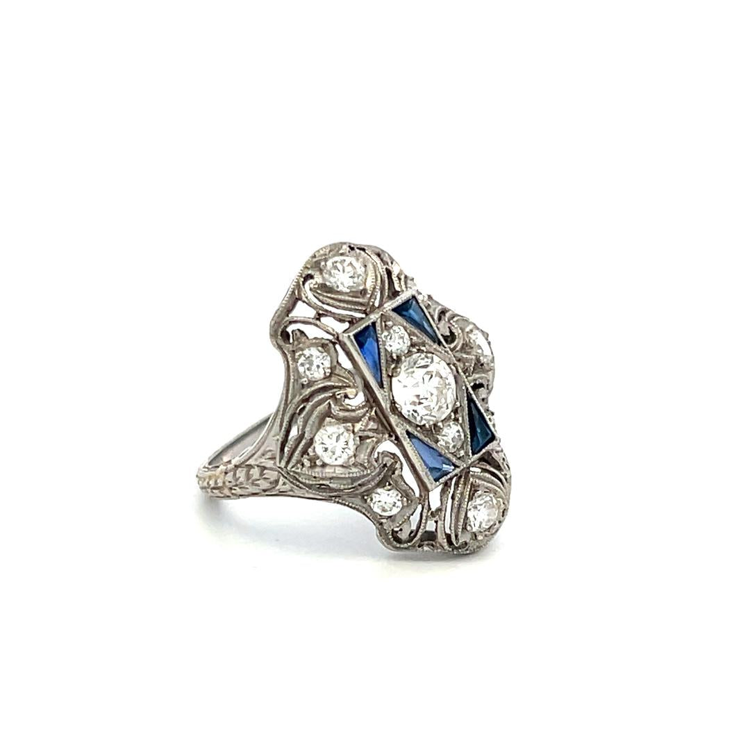 Platinum Art Deco Ring 0.85ct Old European Diamonds & 0.15ct Sapphire Size 5.25