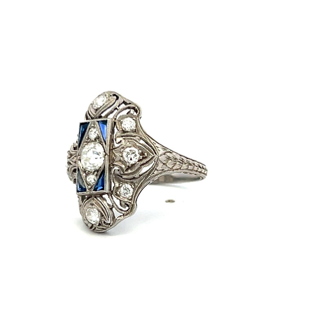 Platinum Art Deco Ring 0.85ct Old European Diamonds & 0.15ct Sapphire Size 5.25