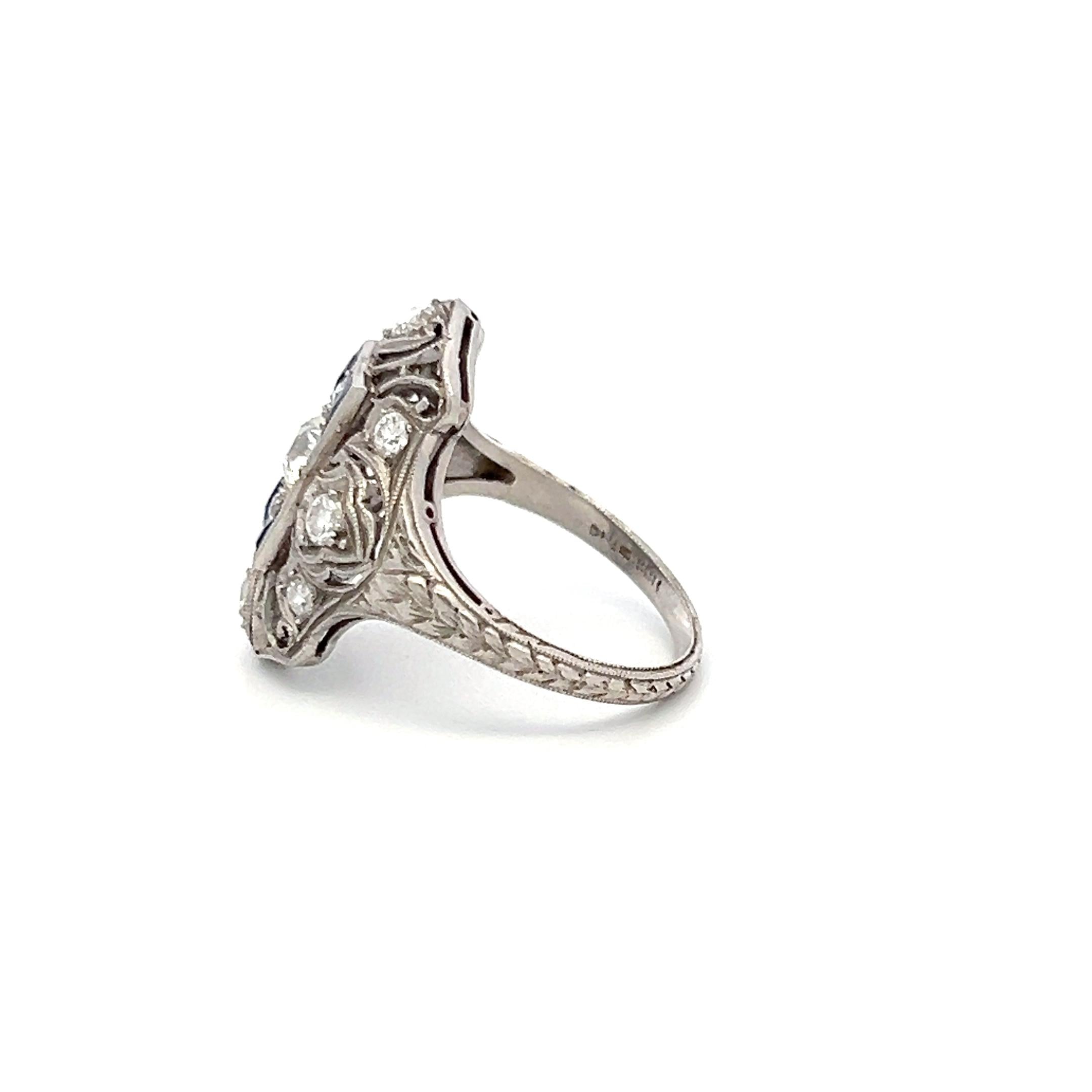 Platinum Art Deco Ring 0.85ct Old European Diamonds & 0.15ct Sapphire Size 5.25