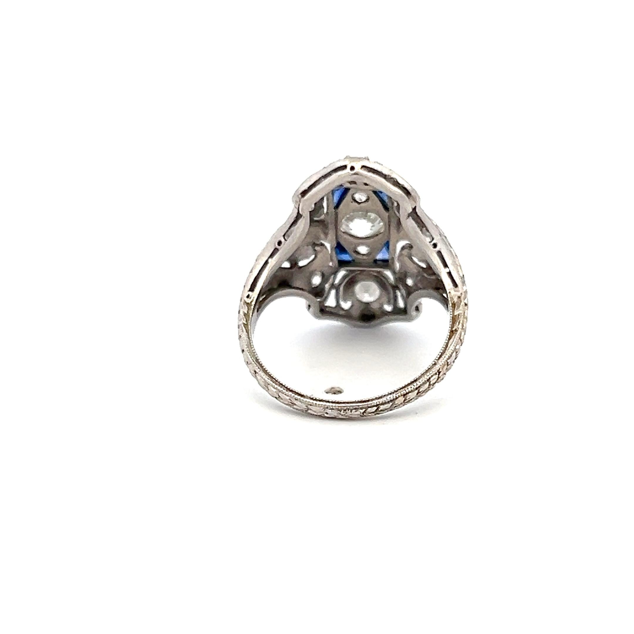 Platinum Art Deco Ring 0.85ct Old European Diamonds & 0.15ct Sapphire Size 5.25
