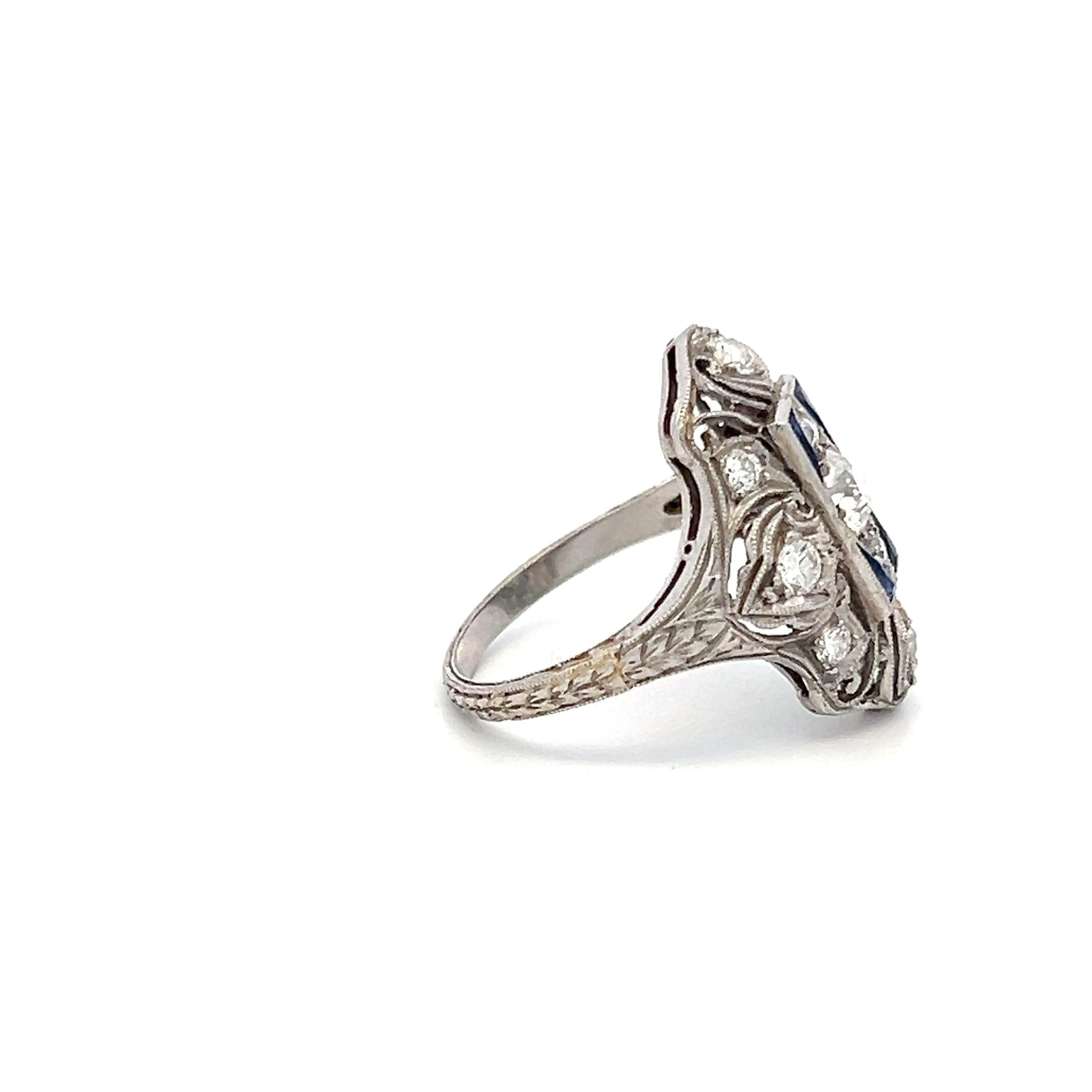 Platinum Art Deco Ring 0.85ct Old European Diamonds & 0.15ct Sapphire Size 5.25