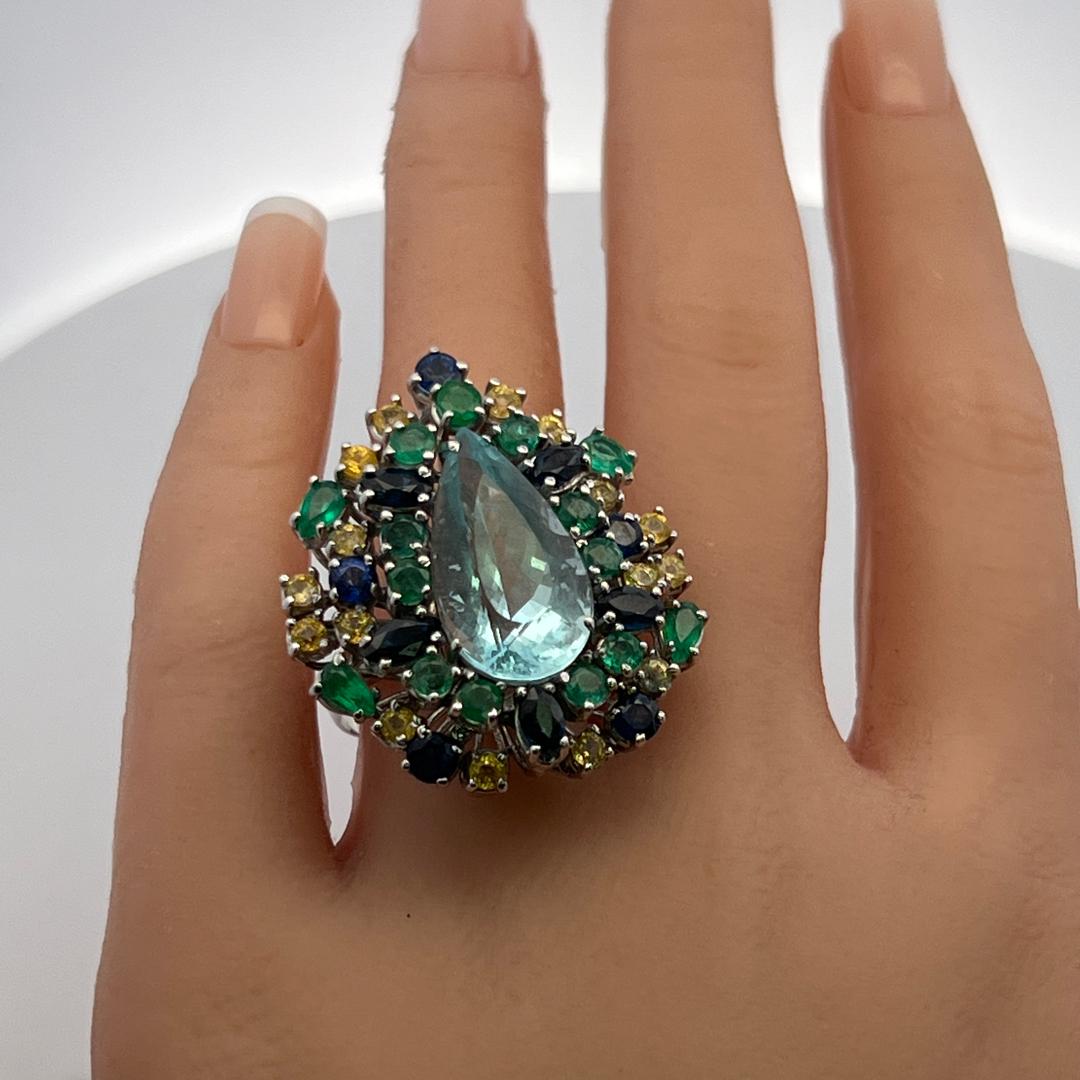 18K WG Cocktail Ring with 1.65ct Sapphire 3ct Emerald and Citrine Aquamarine
