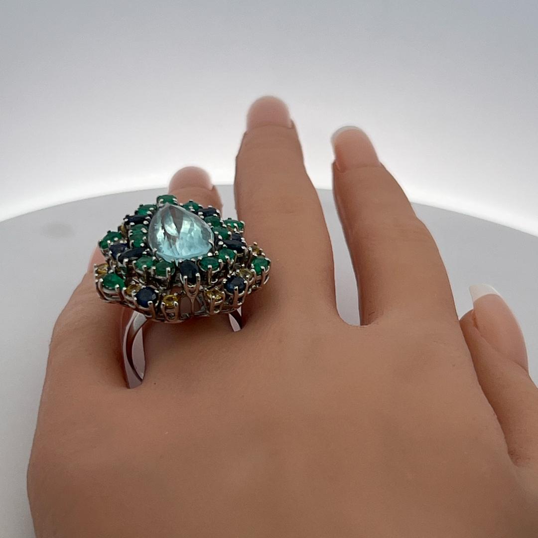 18K WG Cocktail Ring with 1.65ct Sapphire 3ct Emerald and Citrine Aquamarine