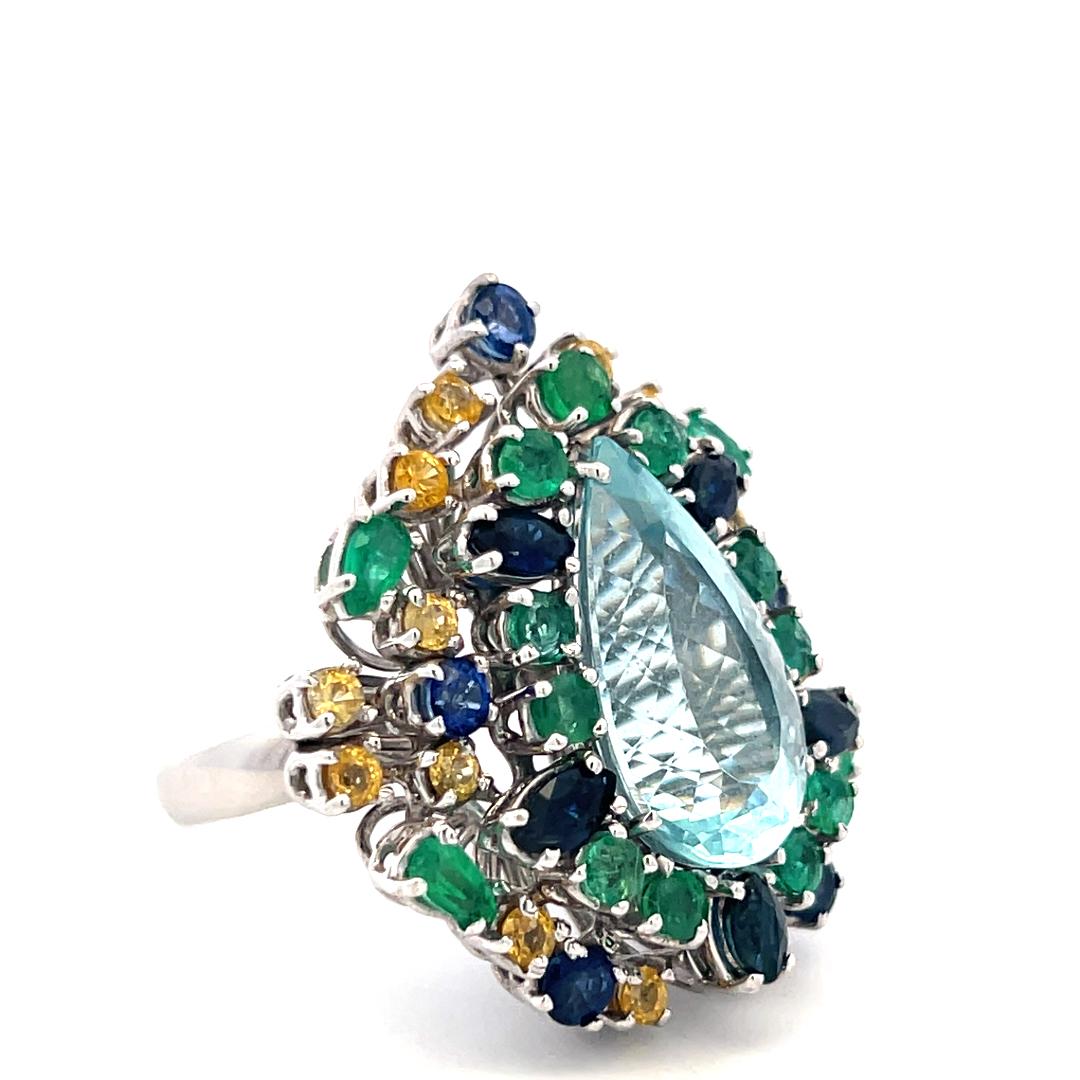18K WG Cocktail Ring with 1.65ct Sapphire 3ct Emerald and Citrine Aquamarine