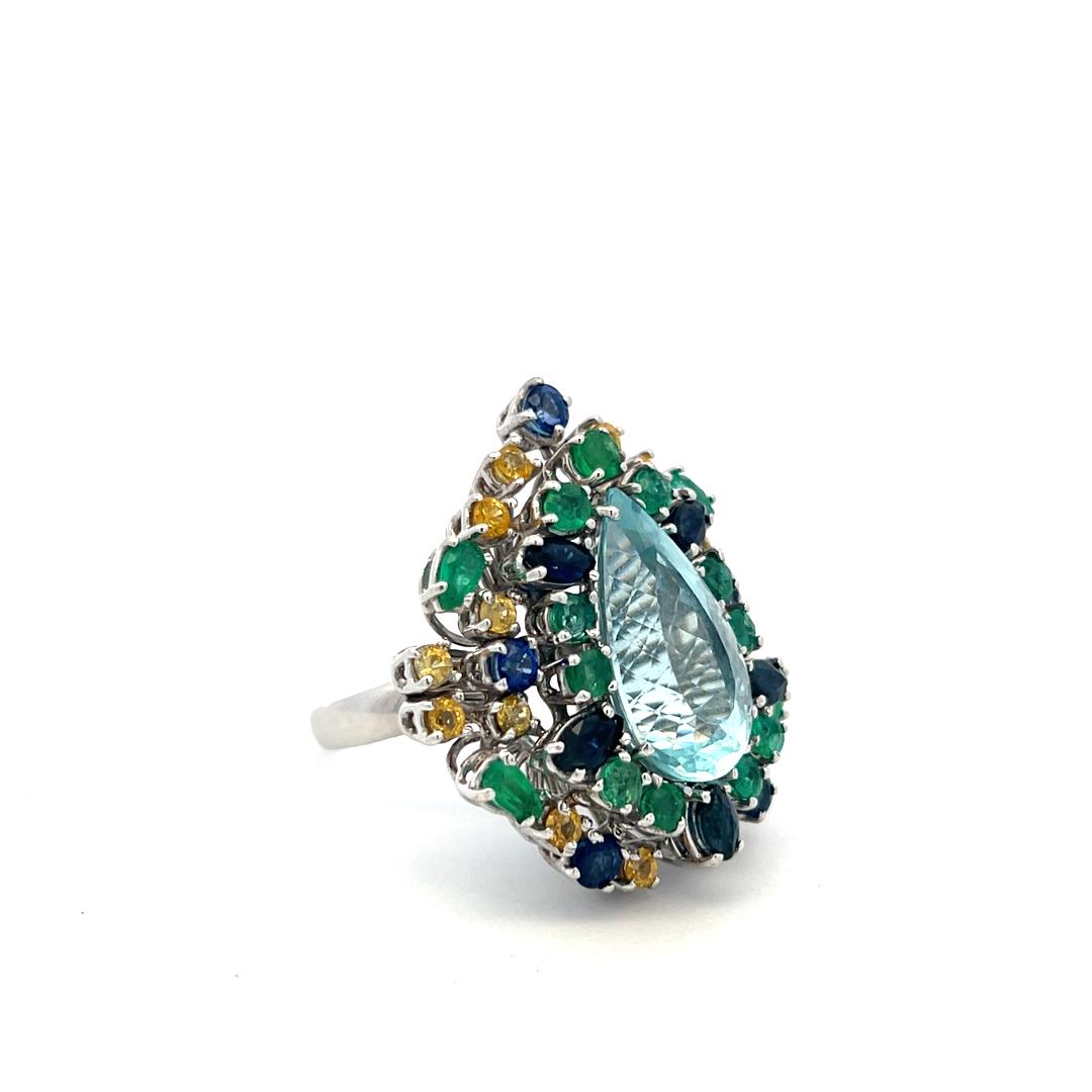 18K WG Cocktail Ring with 1.65ct Sapphire 3ct Emerald and Citrine Aquamarine