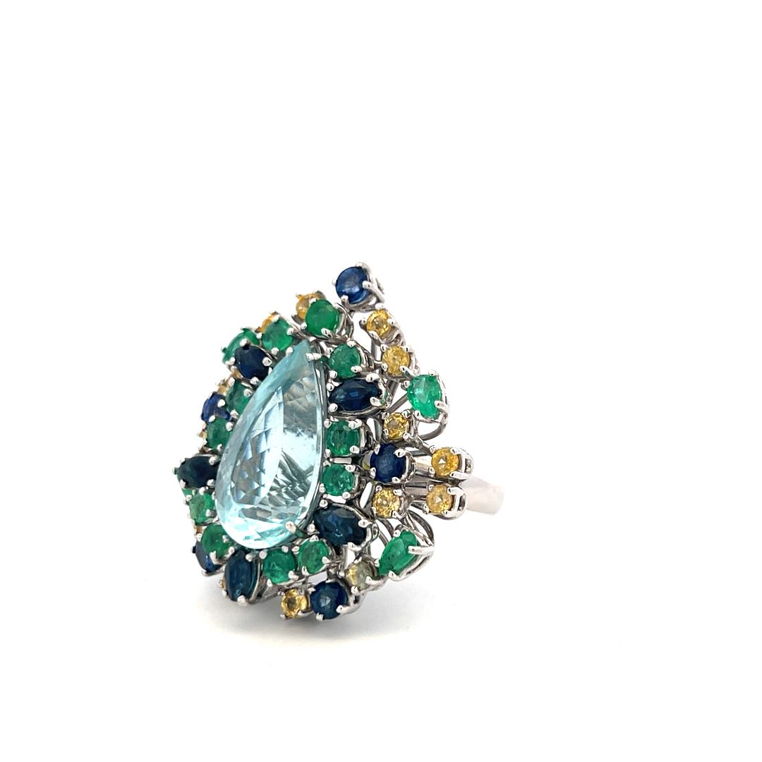 18K WG Cocktail Ring with 1.65ct Sapphire 3ct Emerald and Citrine Aquamarine