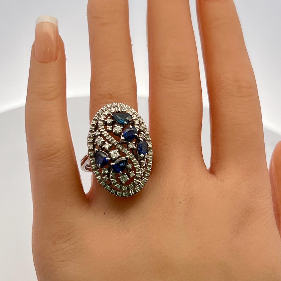 18K White Gold Cocktail Ring 0.39ct Round Diamonds & 1.25ct Sapphire Size 10.25