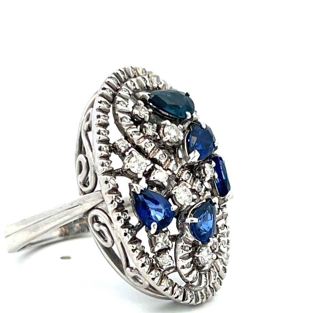18K White Gold Cocktail Ring 0.39ct Round Diamonds & 1.25ct Sapphire Size 10.25
