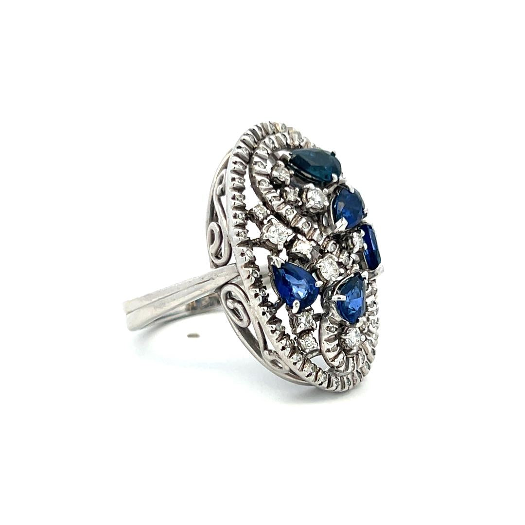 18K White Gold Cocktail Ring 0.39ct Round Diamonds & 1.25ct Sapphire Size 10.25