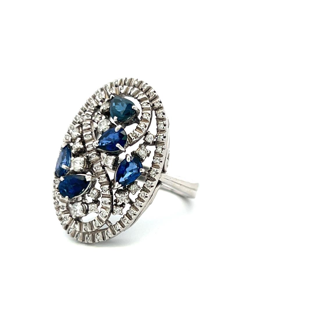 18K White Gold Cocktail Ring 0.39ct Round Diamonds & 1.25ct Sapphire Size 10.25