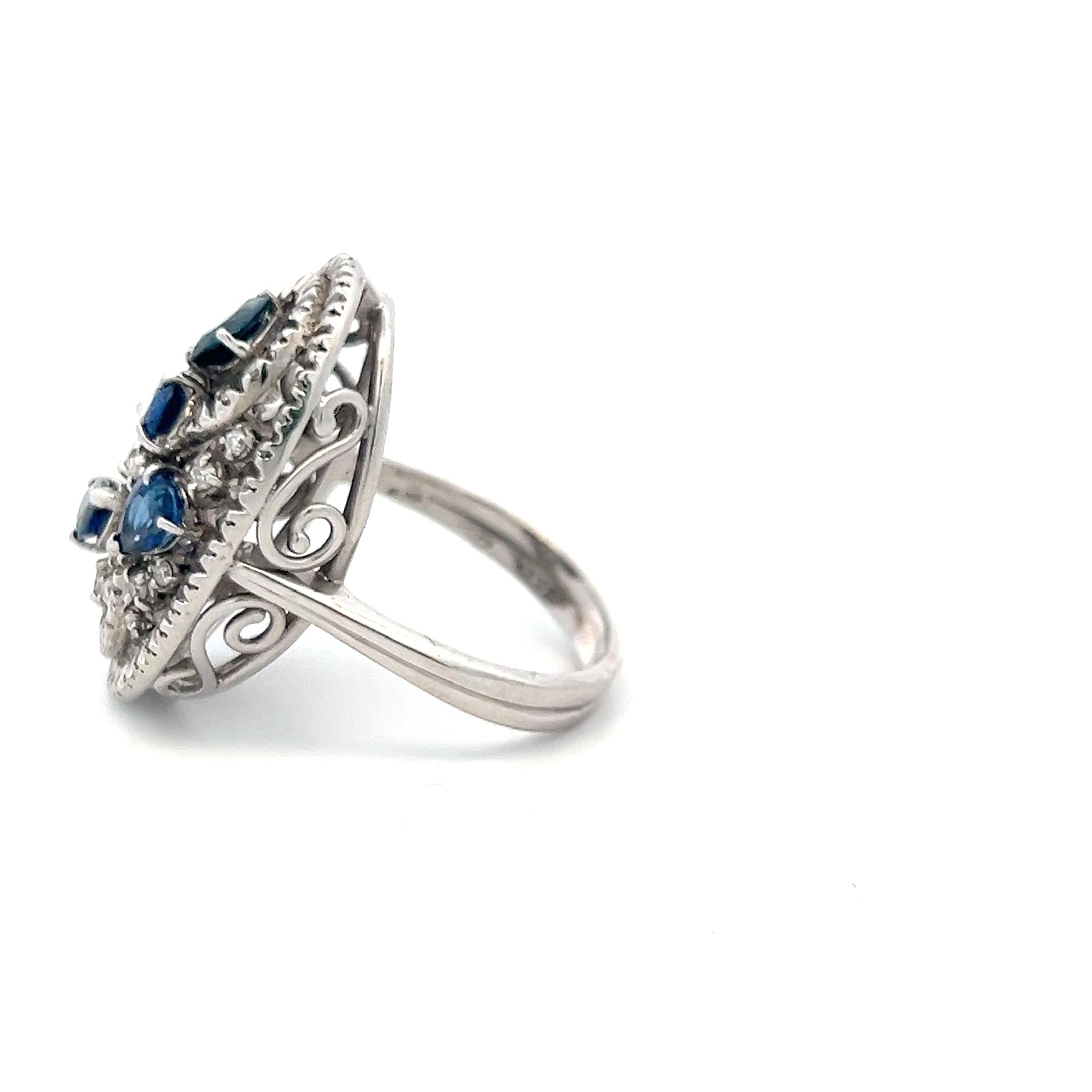 18K White Gold Cocktail Ring 0.39ct Round Diamonds & 1.25ct Sapphire Size 10.25