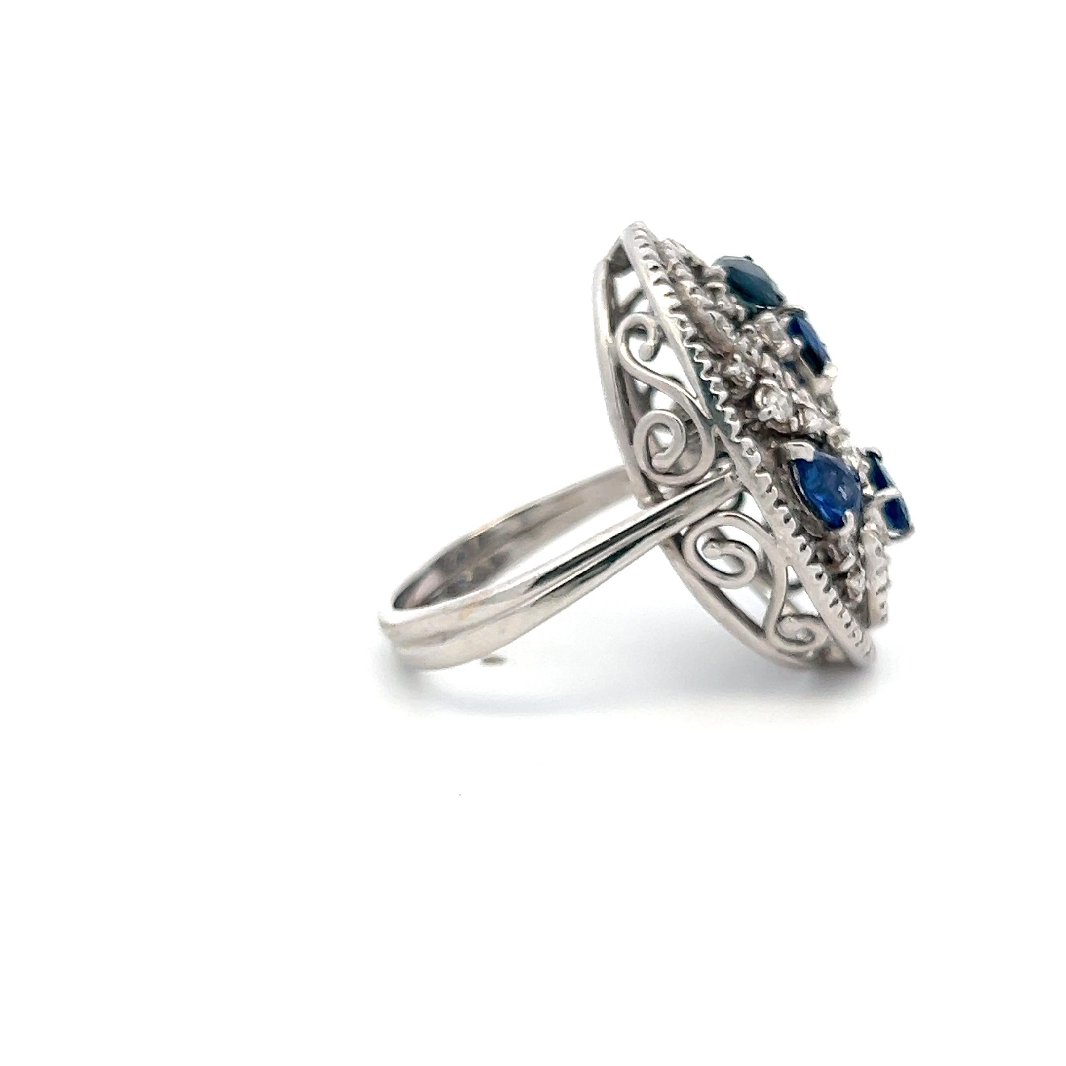 18K White Gold Cocktail Ring 0.39ct Round Diamonds & 1.25ct Sapphire Size 10.25
