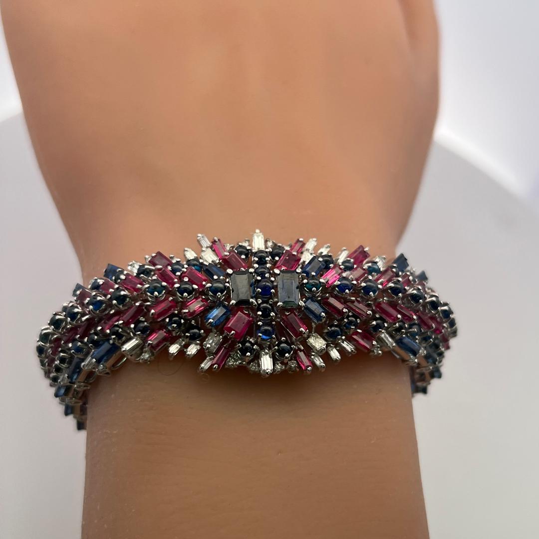 Estate 18K WG Link Bracelet with 1.88ct Diamonds 7.5ct Sapphire and 6ct Ruby